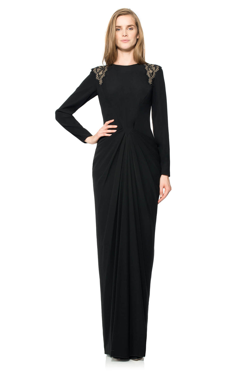 Crepe Long Sleeve Gown with Shoulder Lace Insets