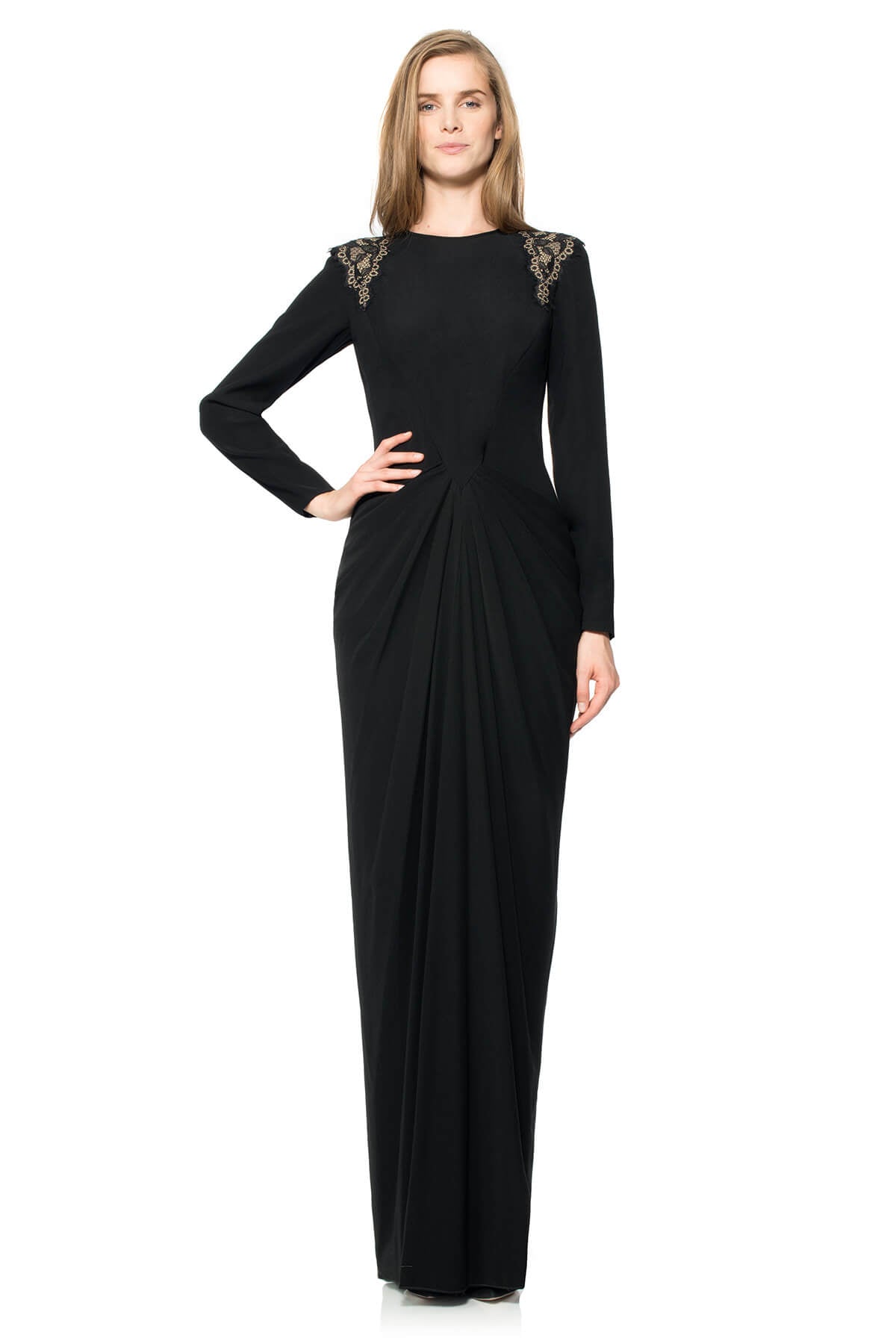 Crepe Long Sleeve Gown with Shoulder Lace Insets