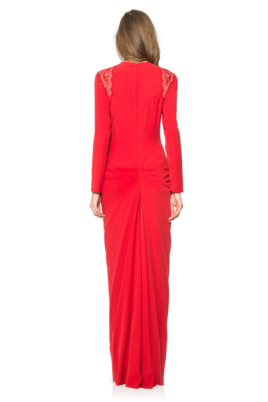 Crepe Long Sleeve Gown with Shoulder Lace Insets