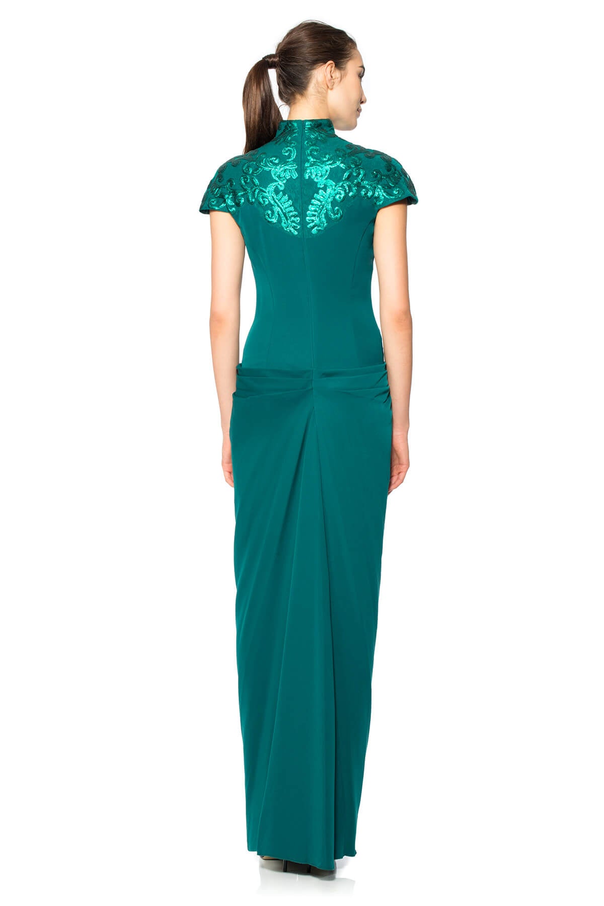 Crepe High Neckline Gown with Metallic Paillette Embellished Detail