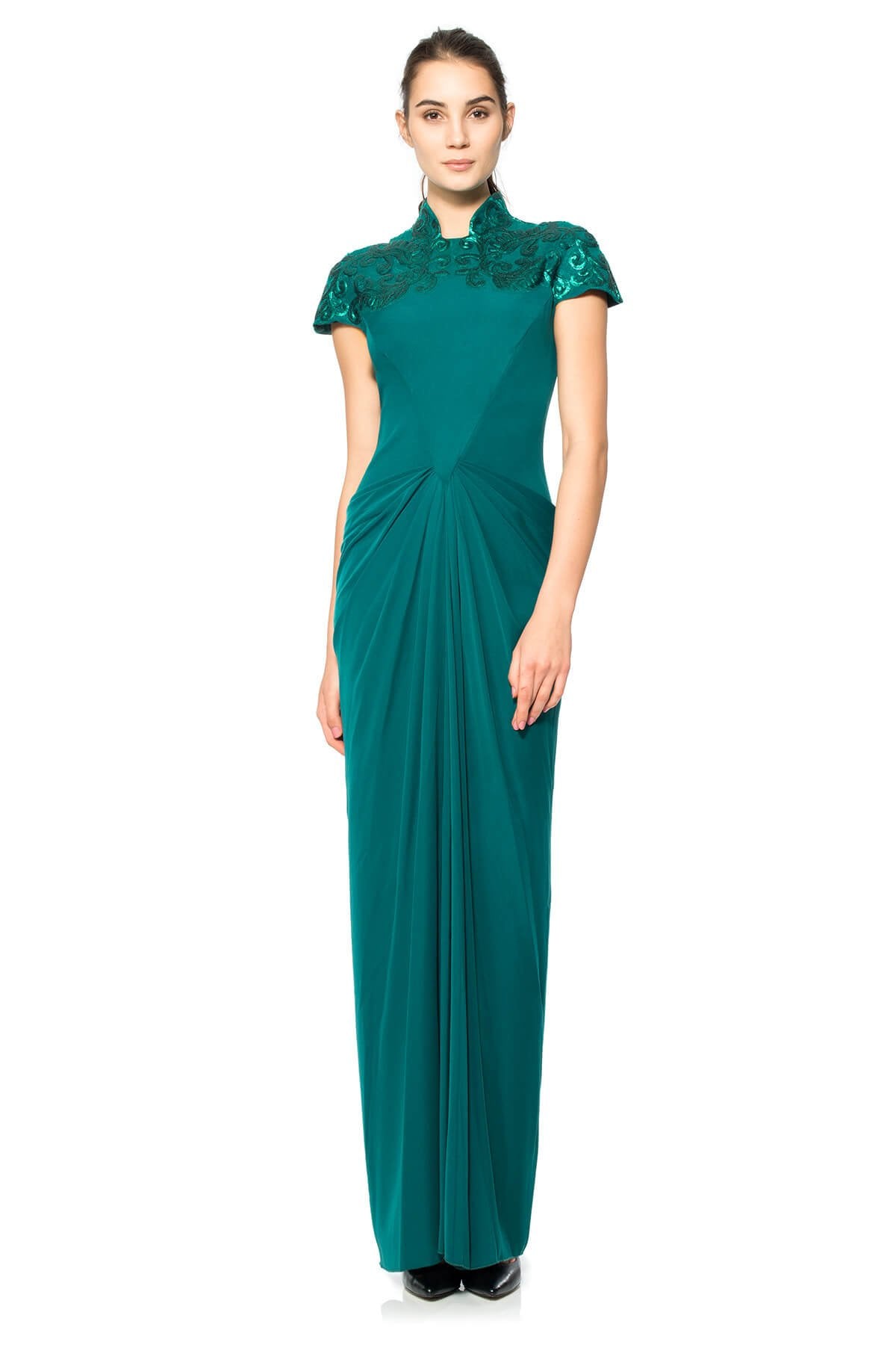 Crepe High Neckline Gown with Metallic Paillette Embellished Detail