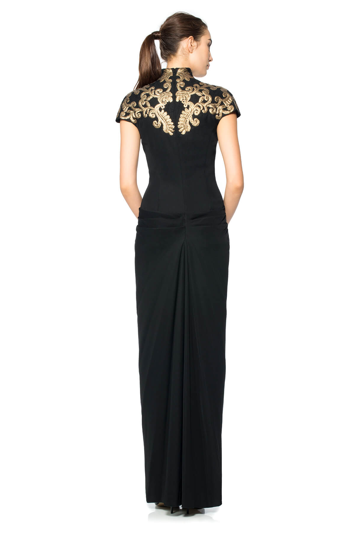 Crepe High Neckline Gown with Metallic Paillette Embellished Detail