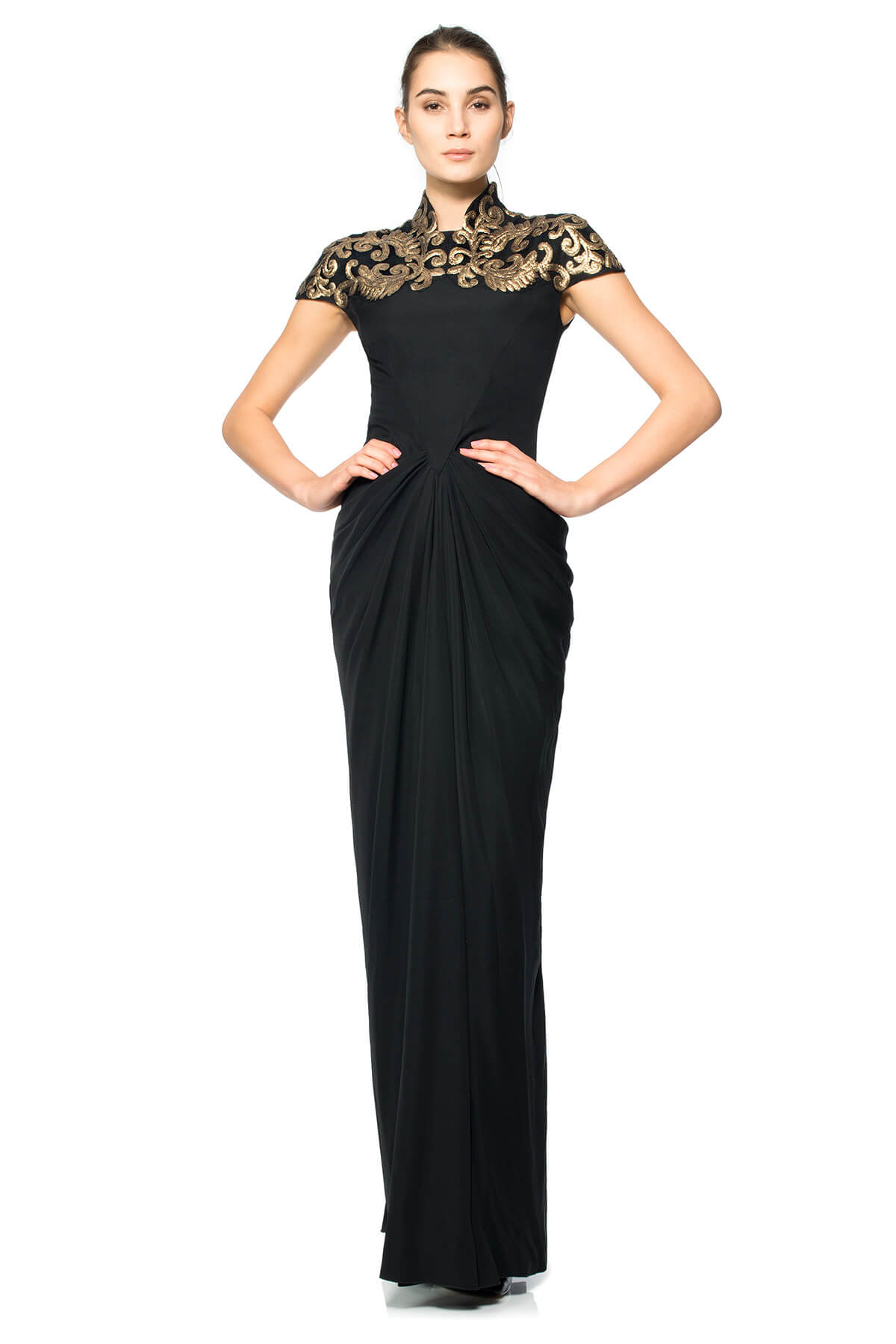 Crepe High Neckline Gown with Metallic Paillette Embellished Detail