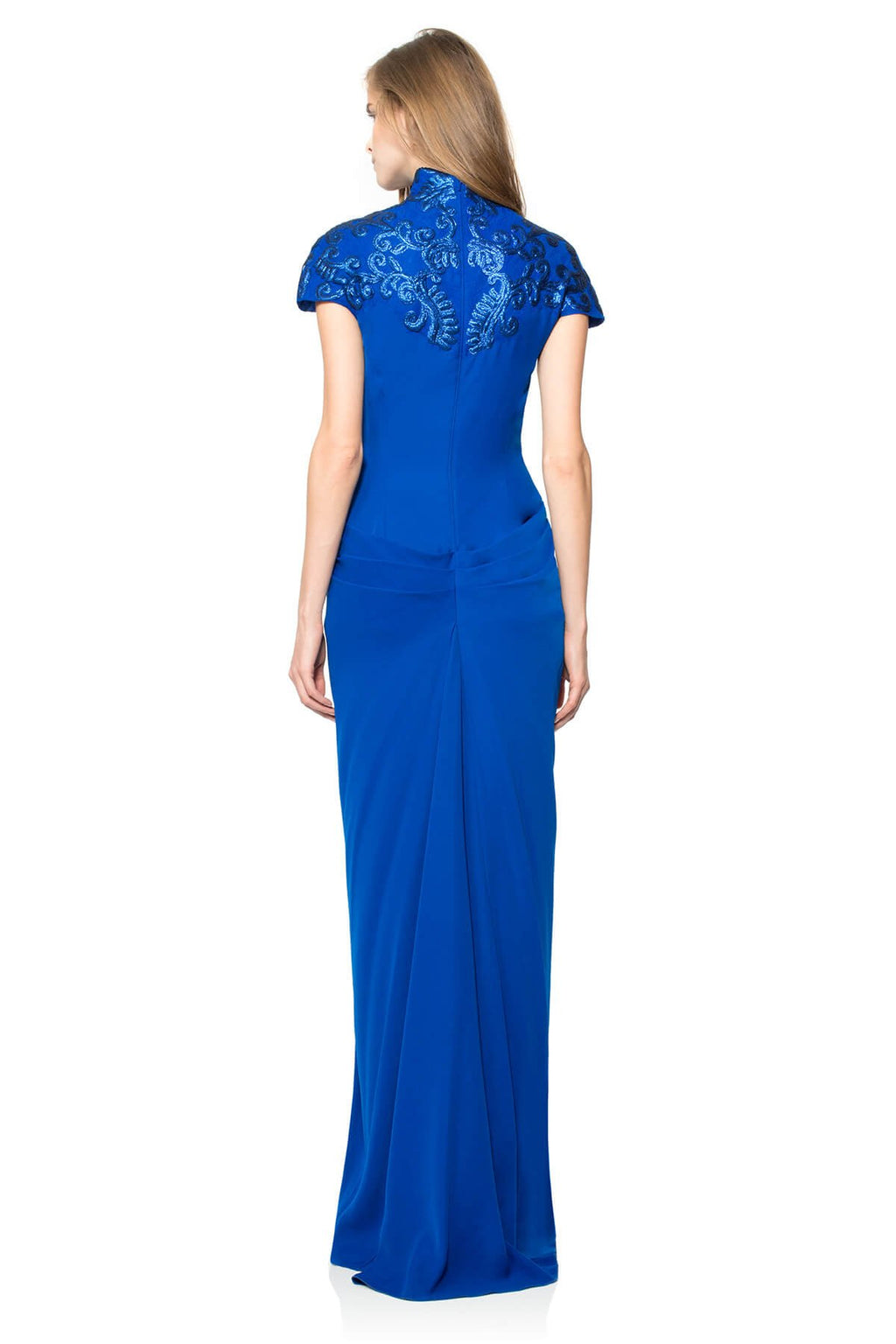 Crepe High Neckline Gown with Metallic Paillette Embellished Detail