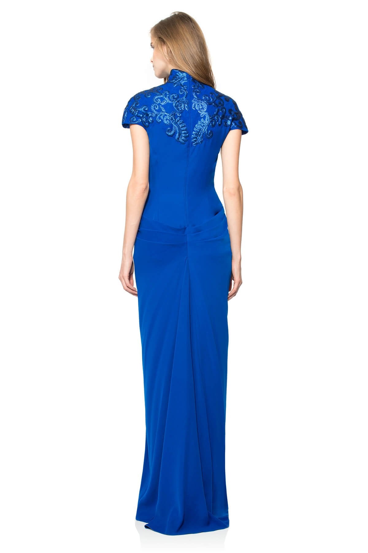 Crepe High Neckline Gown with Metallic Paillette Embellished Detail