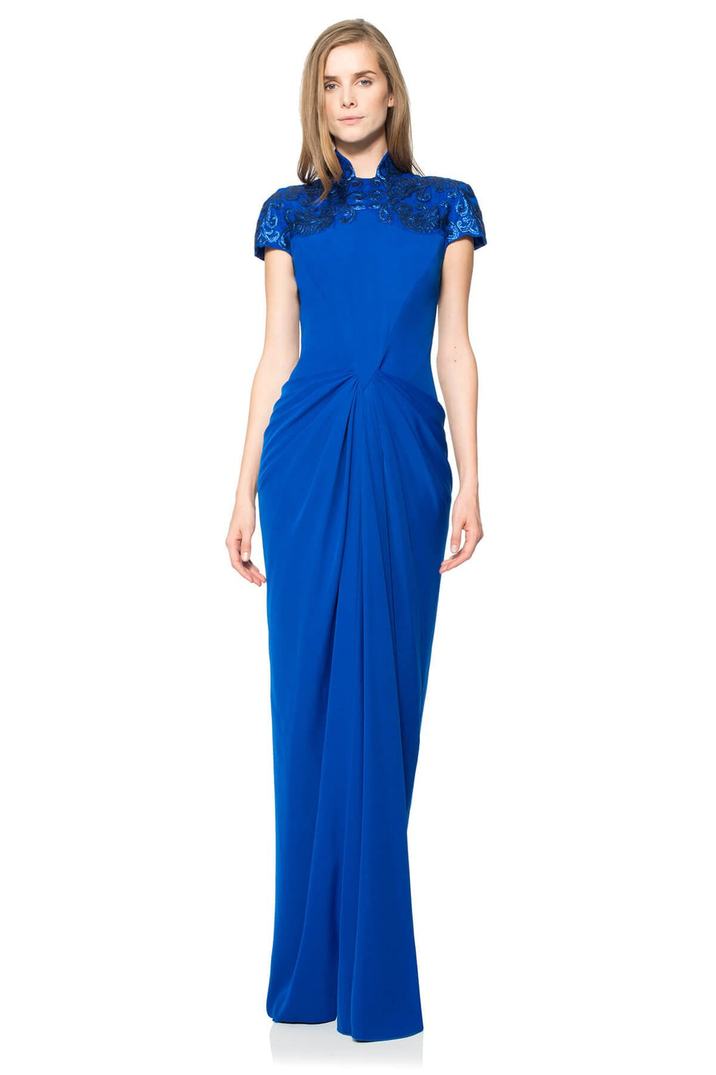 Crepe High Neckline Gown with Metallic Paillette Embellished Detail