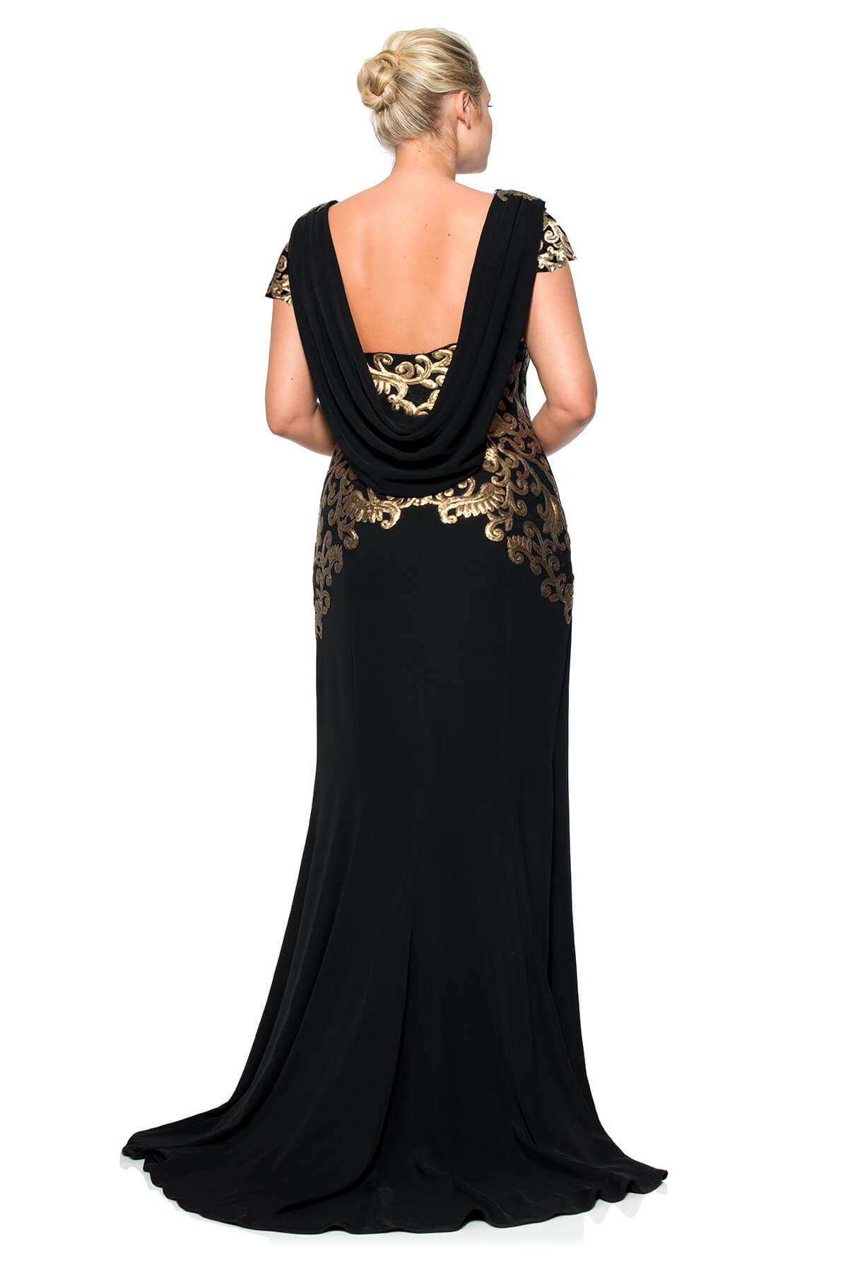 Tadashi Shoji Plus Size - Crepe Draped Open Back Gown with Metallic Paillette Detail