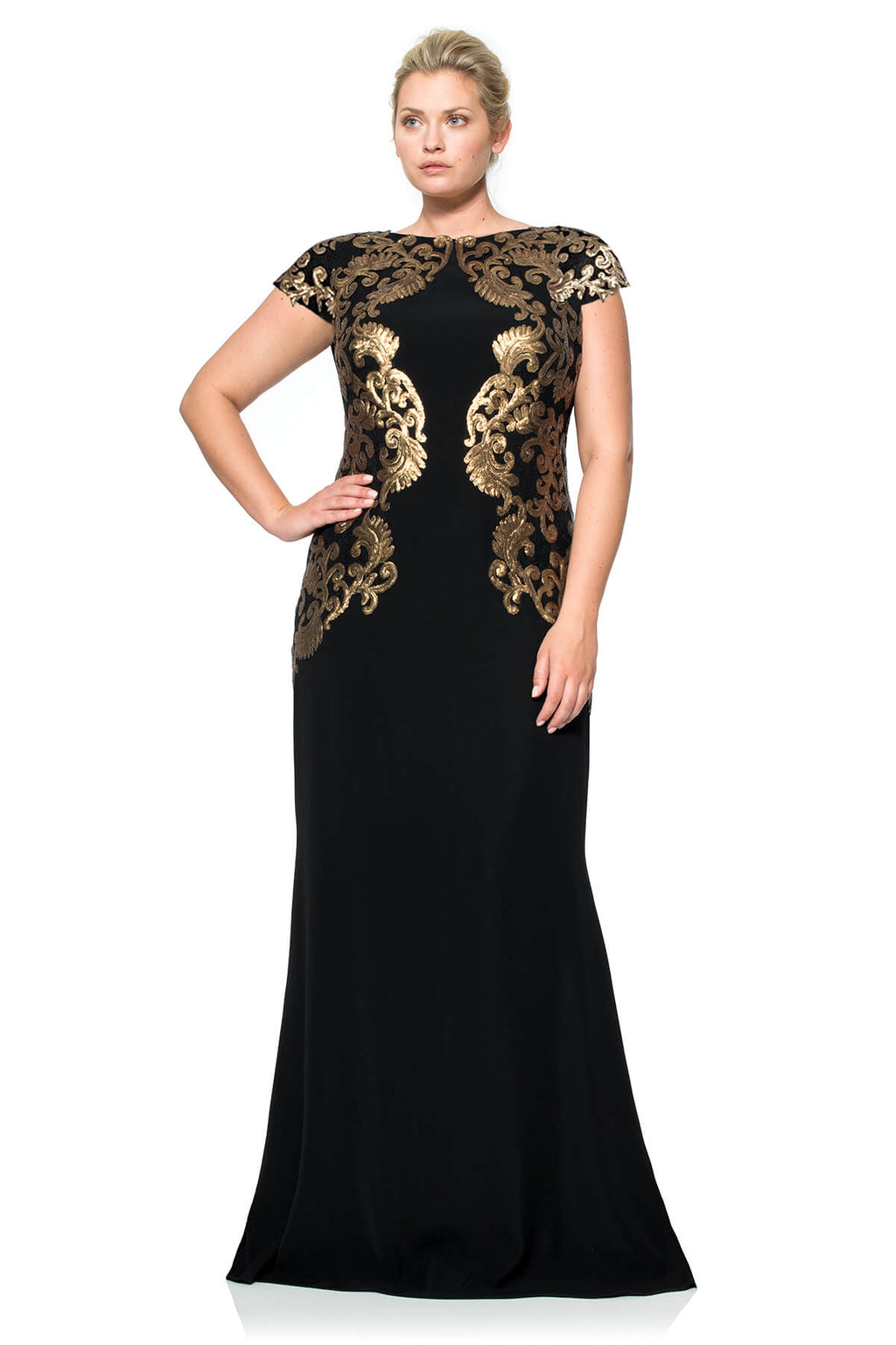 Tadashi Shoji Plus Size - Crepe Draped Open Back Gown with Metallic Paillette Detail