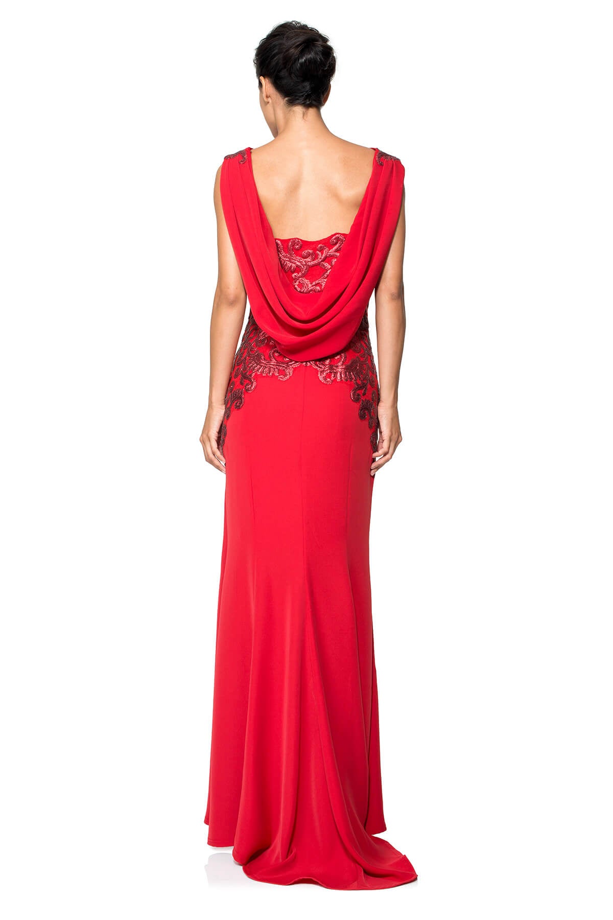 Crepe Draped Open Back Gown with Metallic Paillette Detail