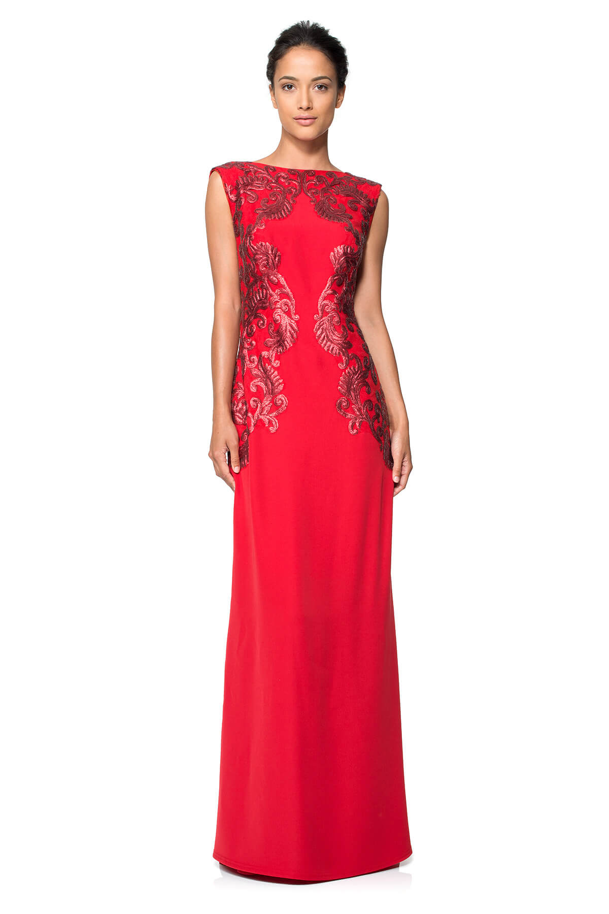 Crepe Draped Open Back Gown with Metallic Paillette Detail
