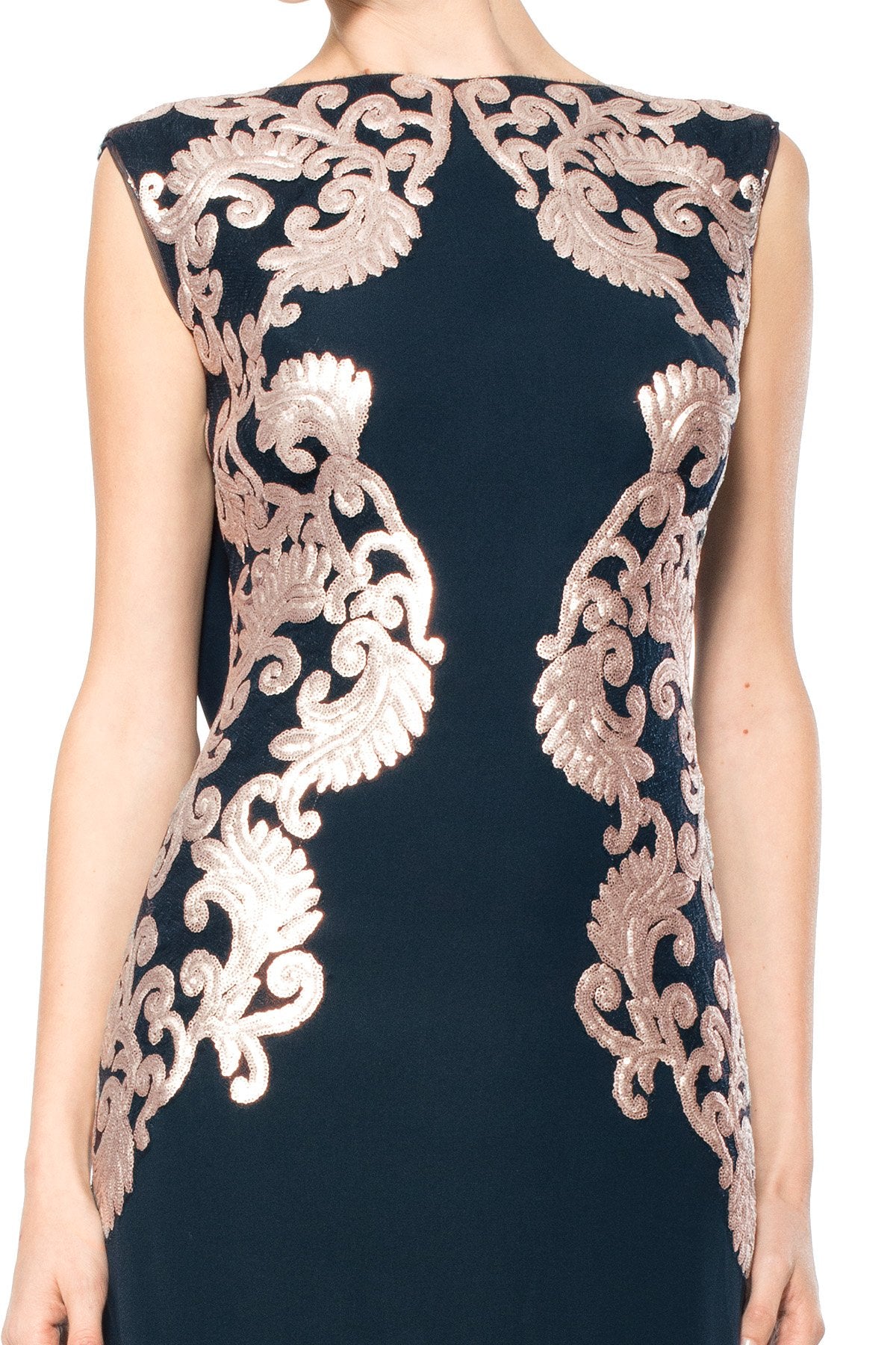 Crepe Draped Open Back Gown with Metallic Paillette Detail