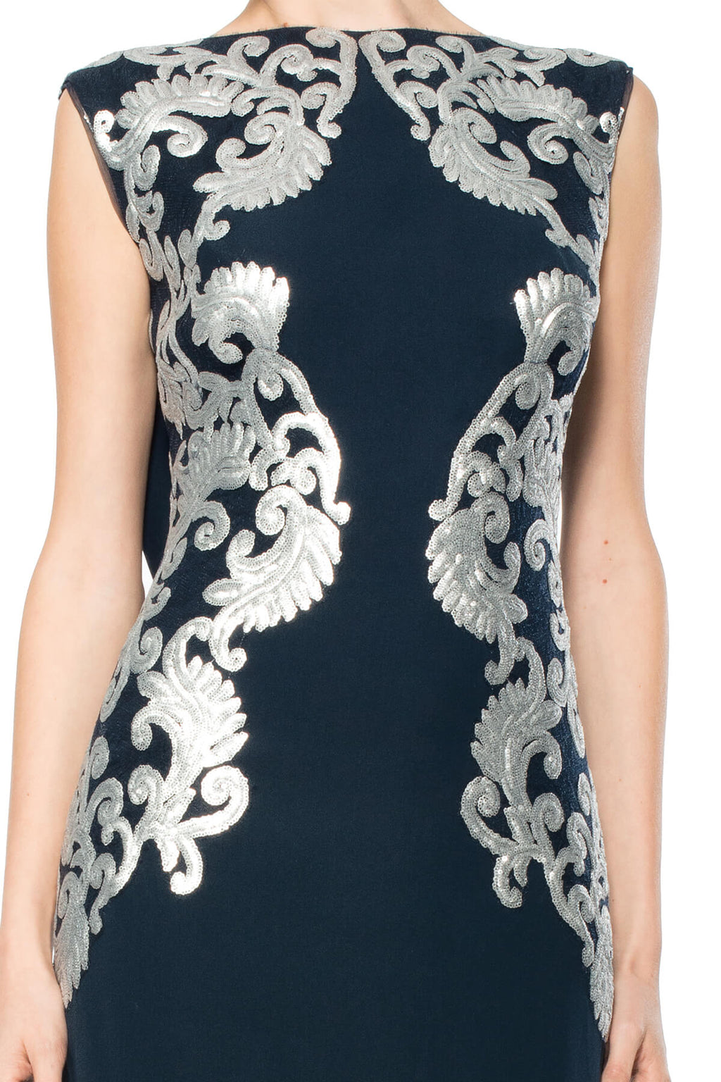 Crepe Draped Open Back Gown with Metallic Paillette Detail