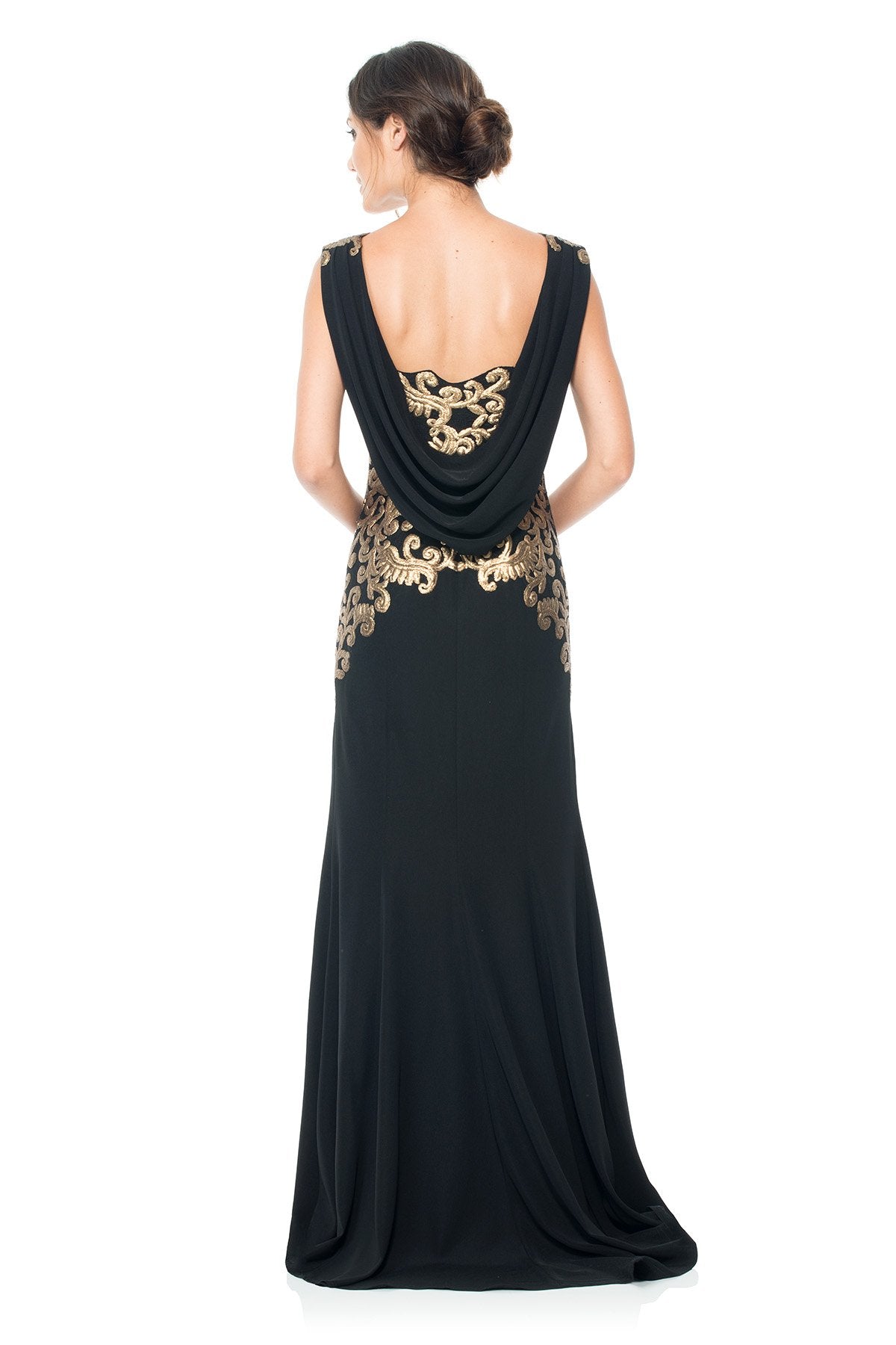 Tadashi Shoji Petite - Crepe Draped Open Back Gown with Metallic Paillette Detail