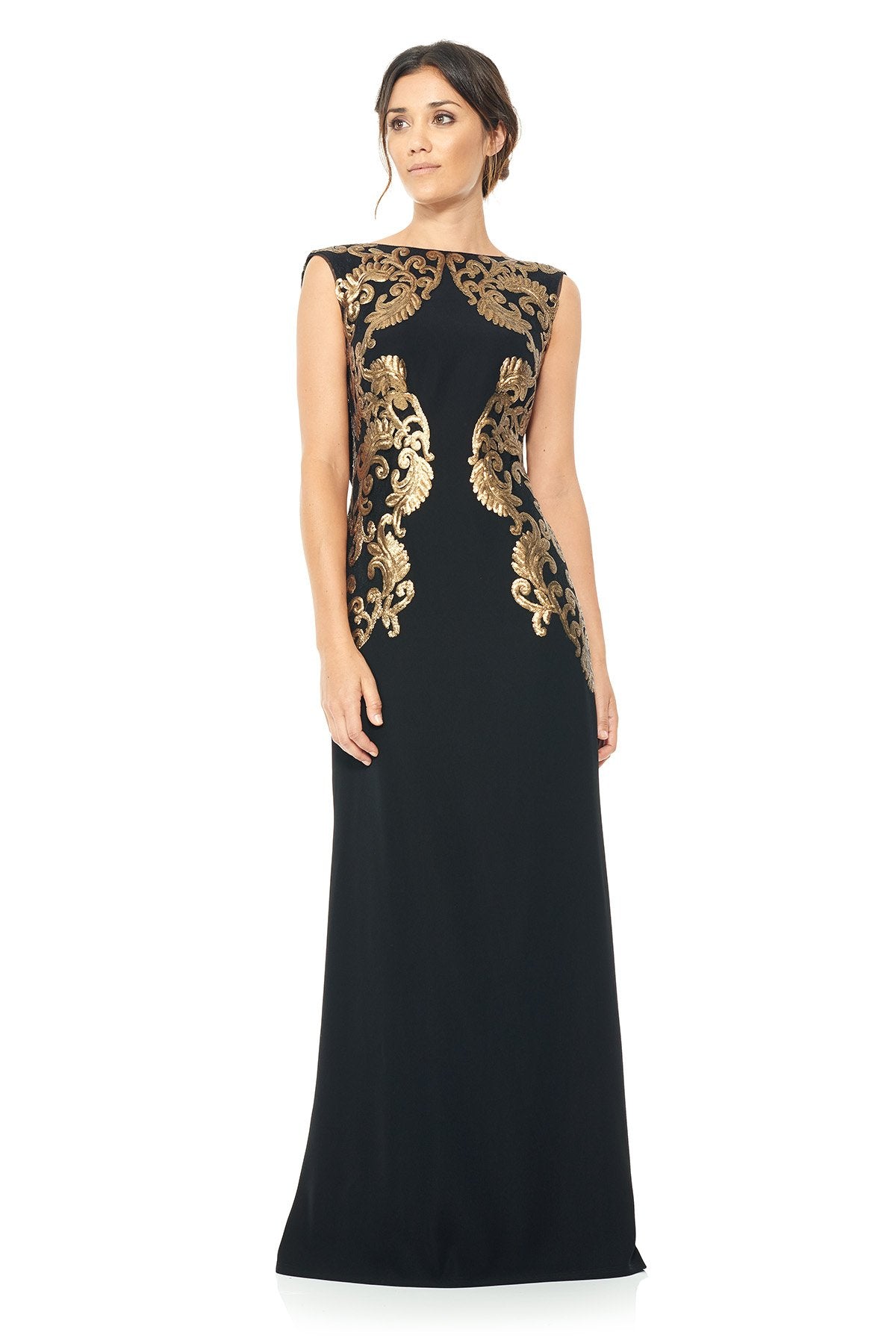 Tadashi Shoji Petite - Crepe Draped Open Back Gown with Metallic Paillette Detai