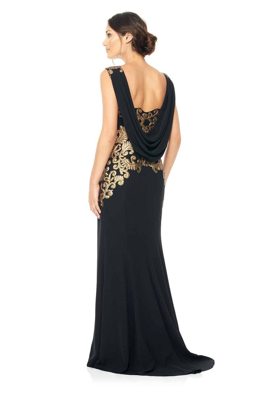 Tadashi Shoji Petite Side - Crepe Draped Open Back Gown with Metallic Paillette Detai