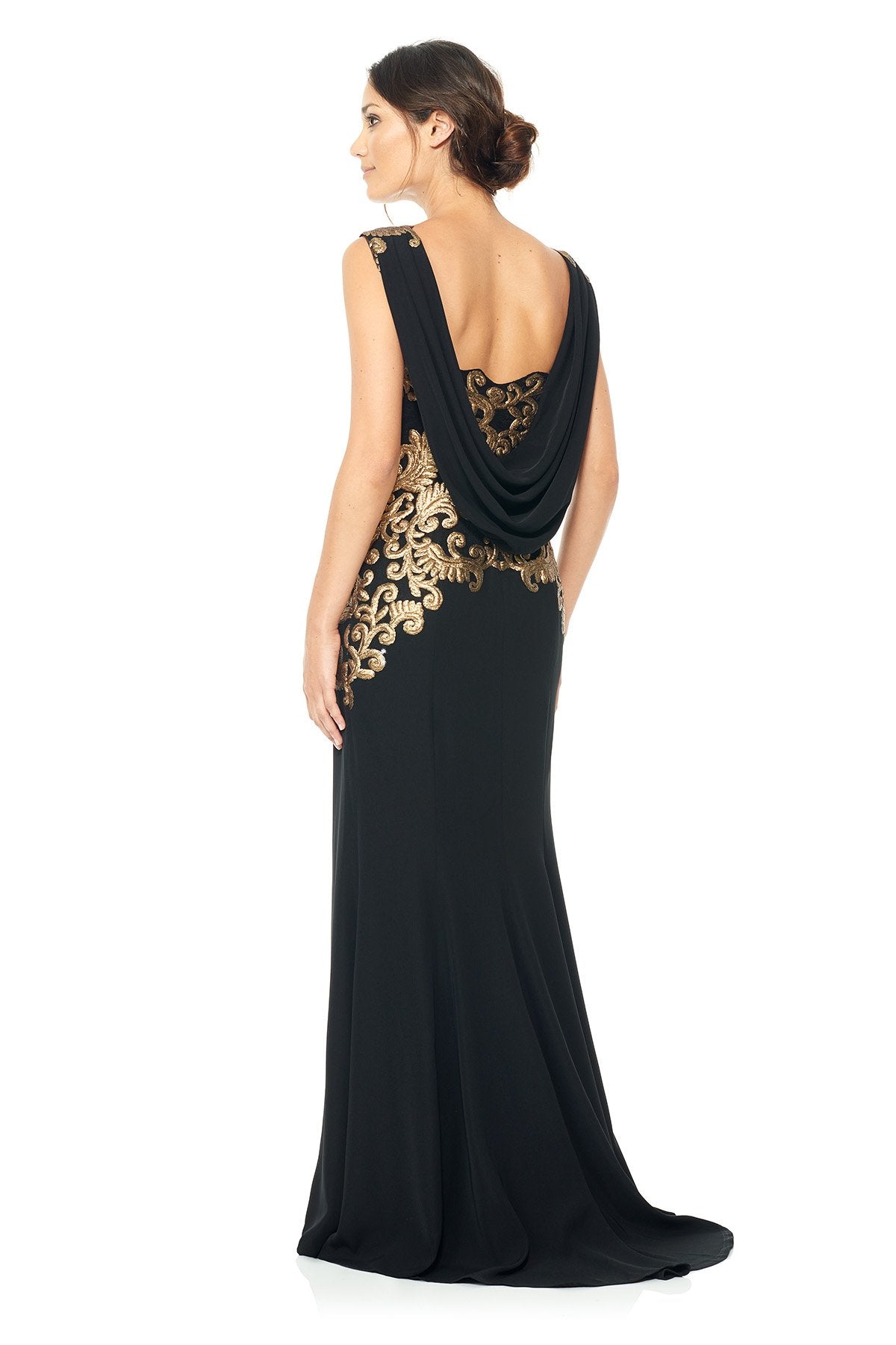 Tadashi Shoji Petite Side - Crepe Draped Open Back Gown with Metallic Paillette Detai