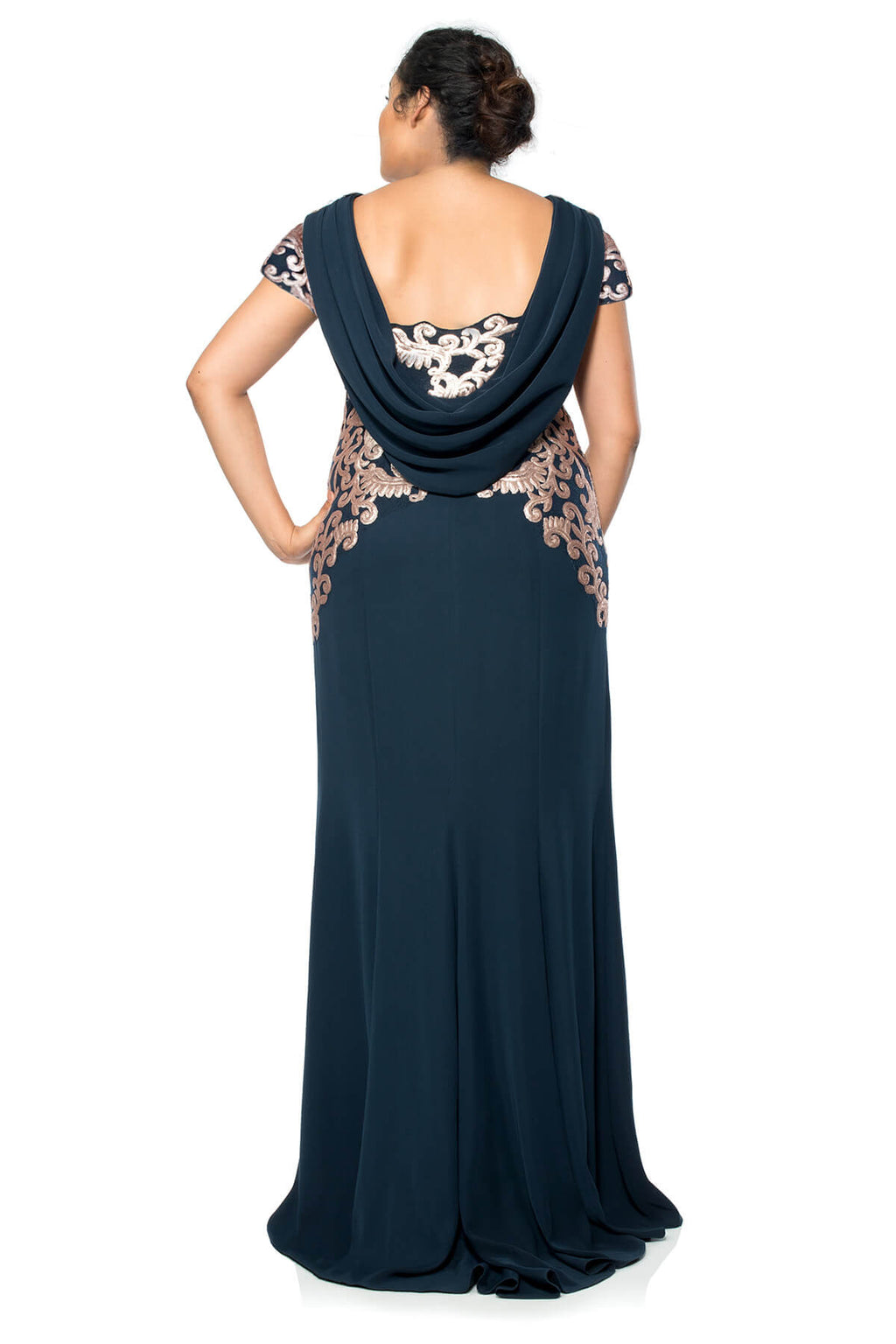 Tadashi Shoji Plus Size - Crepe Draped Open Back Gown with Metallic Paillette Detail 