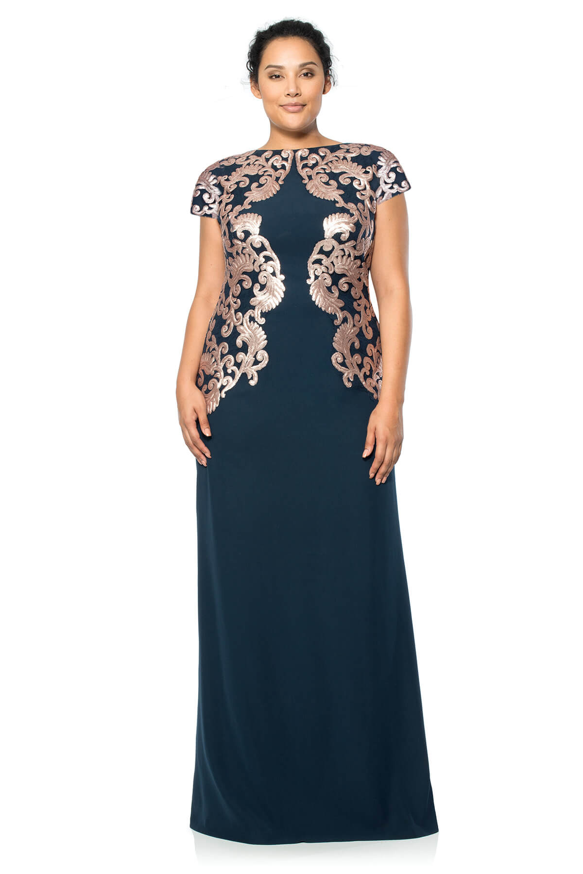 Tadashi Shoji Plus Size - Crepe Draped Open Back Gown with Metallic Paillette Detail 