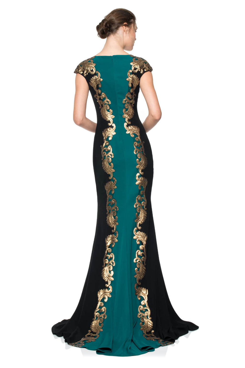 Tadashi Shoji - Crepe Boatneck Gown with Metallic Paillette Detail