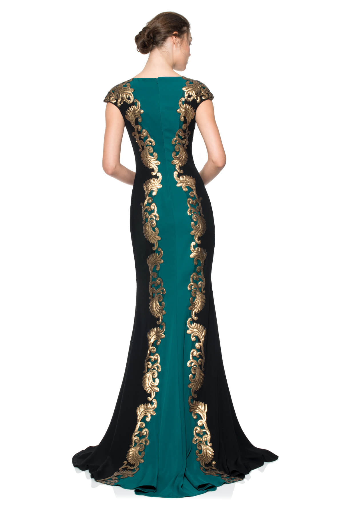 Tadashi Shoji - Crepe Boatneck Gown with Metallic Paillette Detail