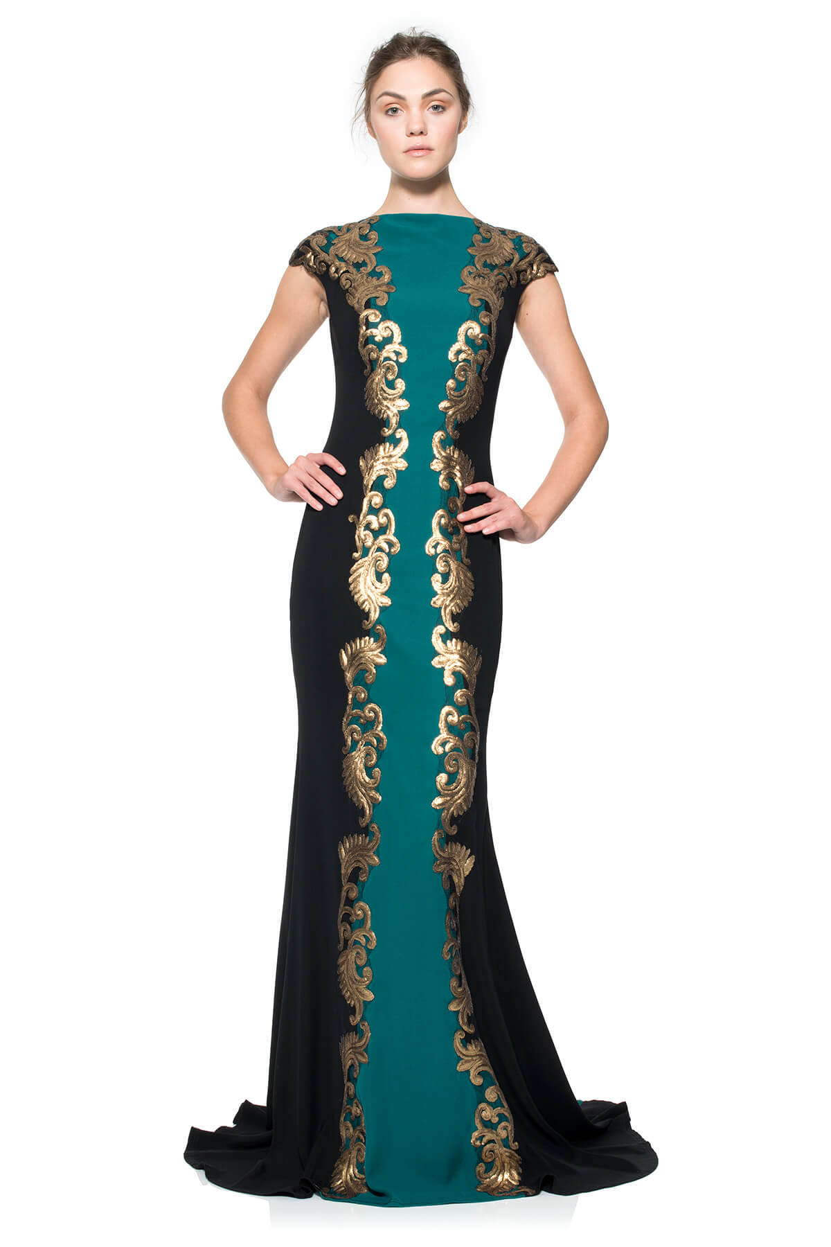 Tadashi Shoji - Crepe Boatneck Gown with Metallic Paillette Detail