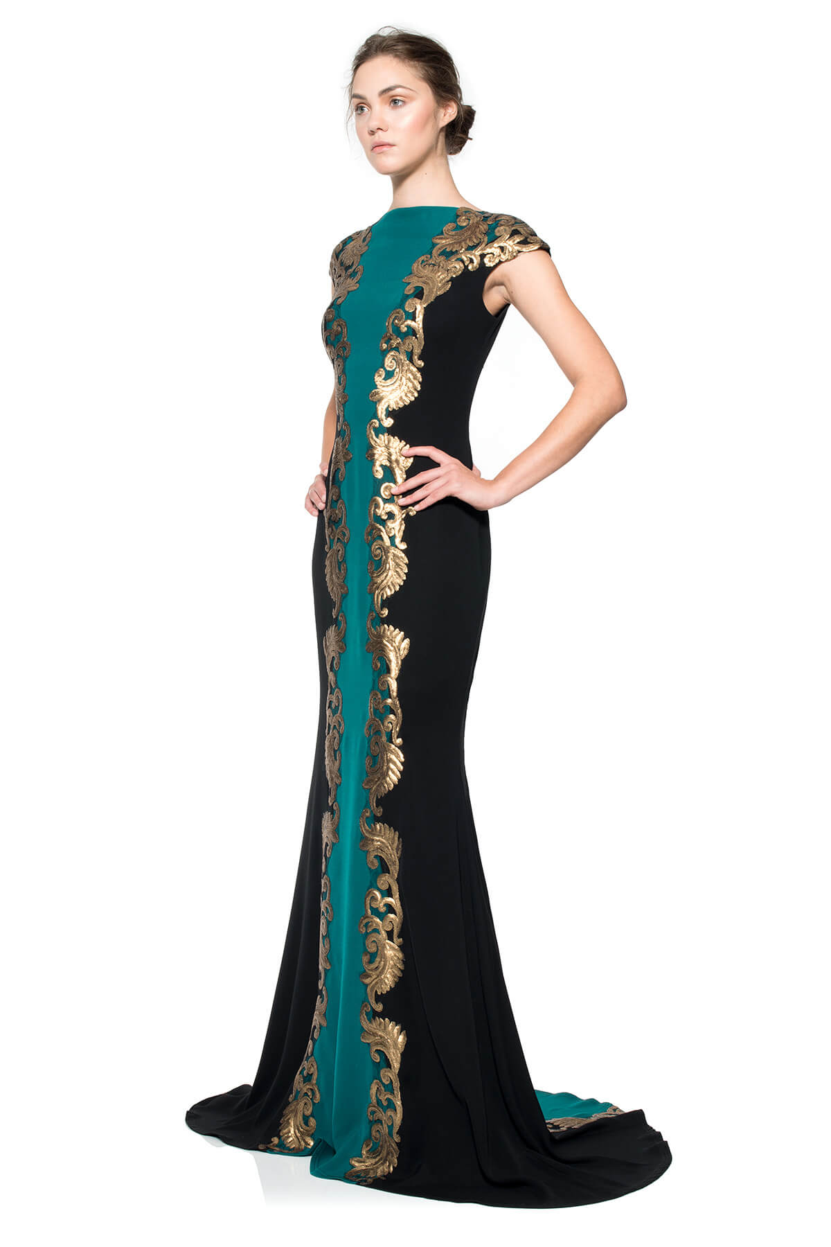 Tadashi Shoji - Crepe Boatneck Gown with Metallic Paillette Detail