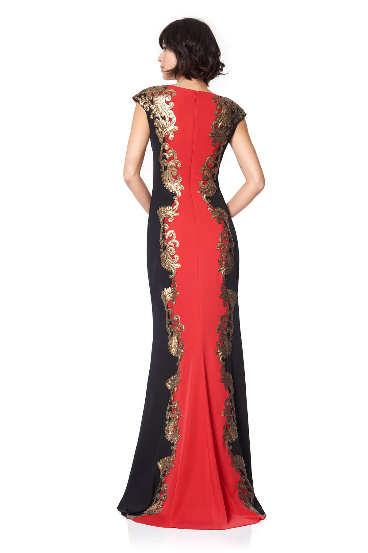 Tadashi Shoji - Crepe Boatneck Gown with Metallic Paillette Detail