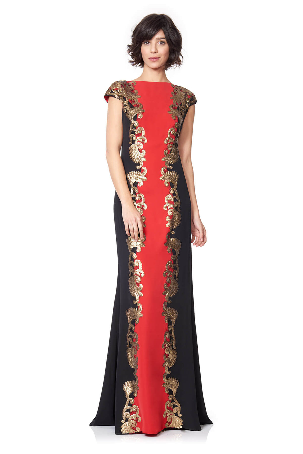 Tadashi Shoji - Crepe Boatneck Gown with Metallic Paillette Detail