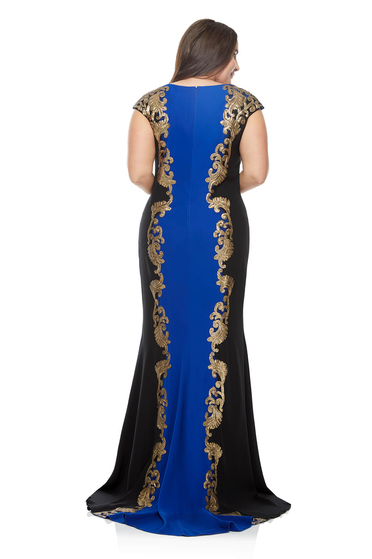Tadashi Shoji Plus Size - Crepe Boatneck Gown with Metallic Paillette Detail 
