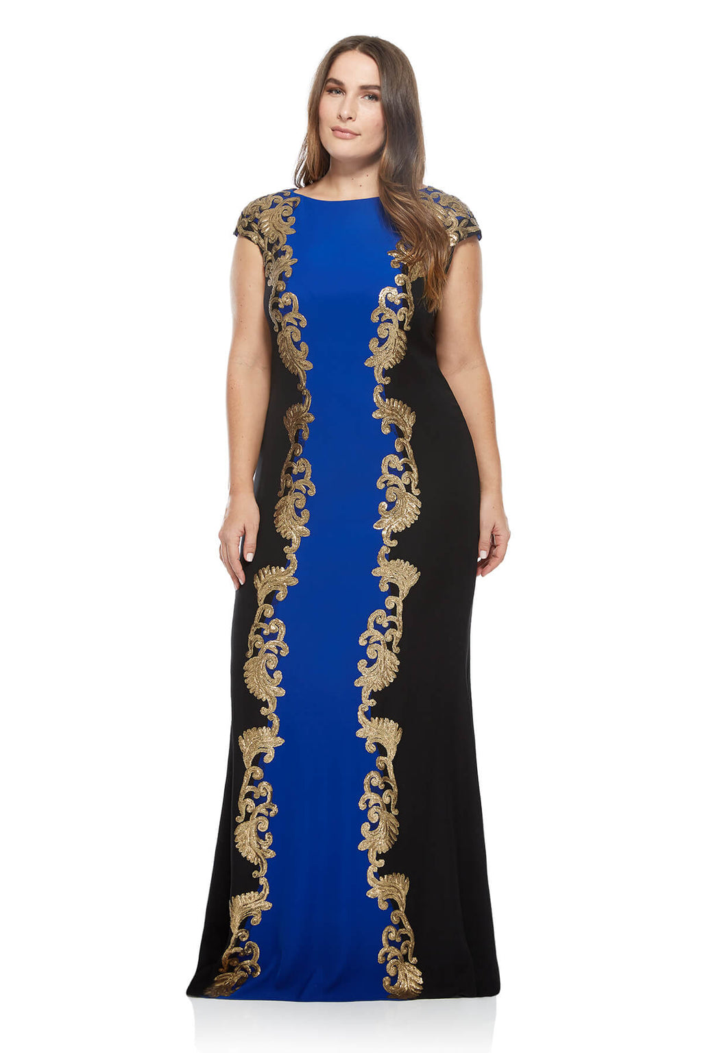 Tadashi Shoji Plus Size - Crepe Boatneck Gown with Metallic Paillette Detail 