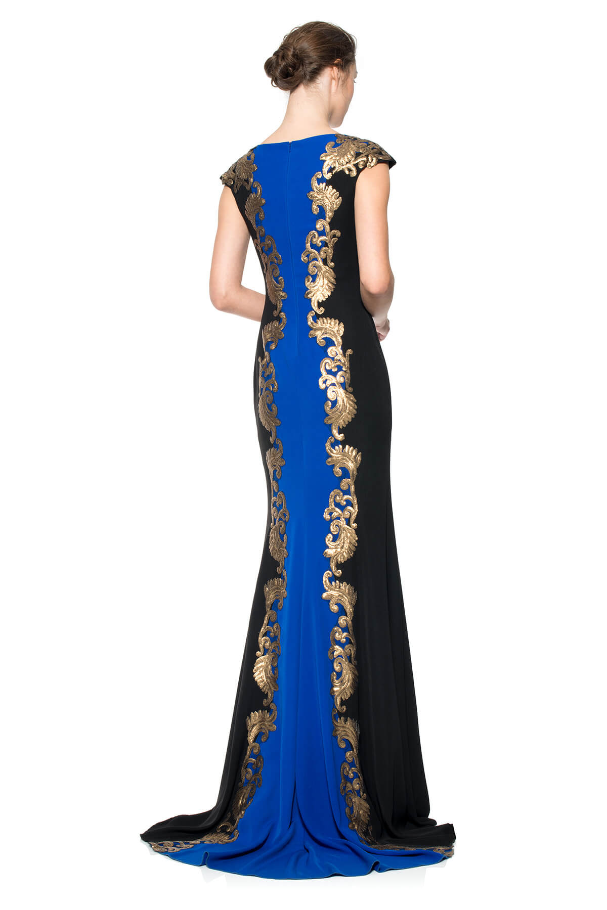 Tadashi Shoji - Crepe Boatneck Gown with Metallic Paillette Detail