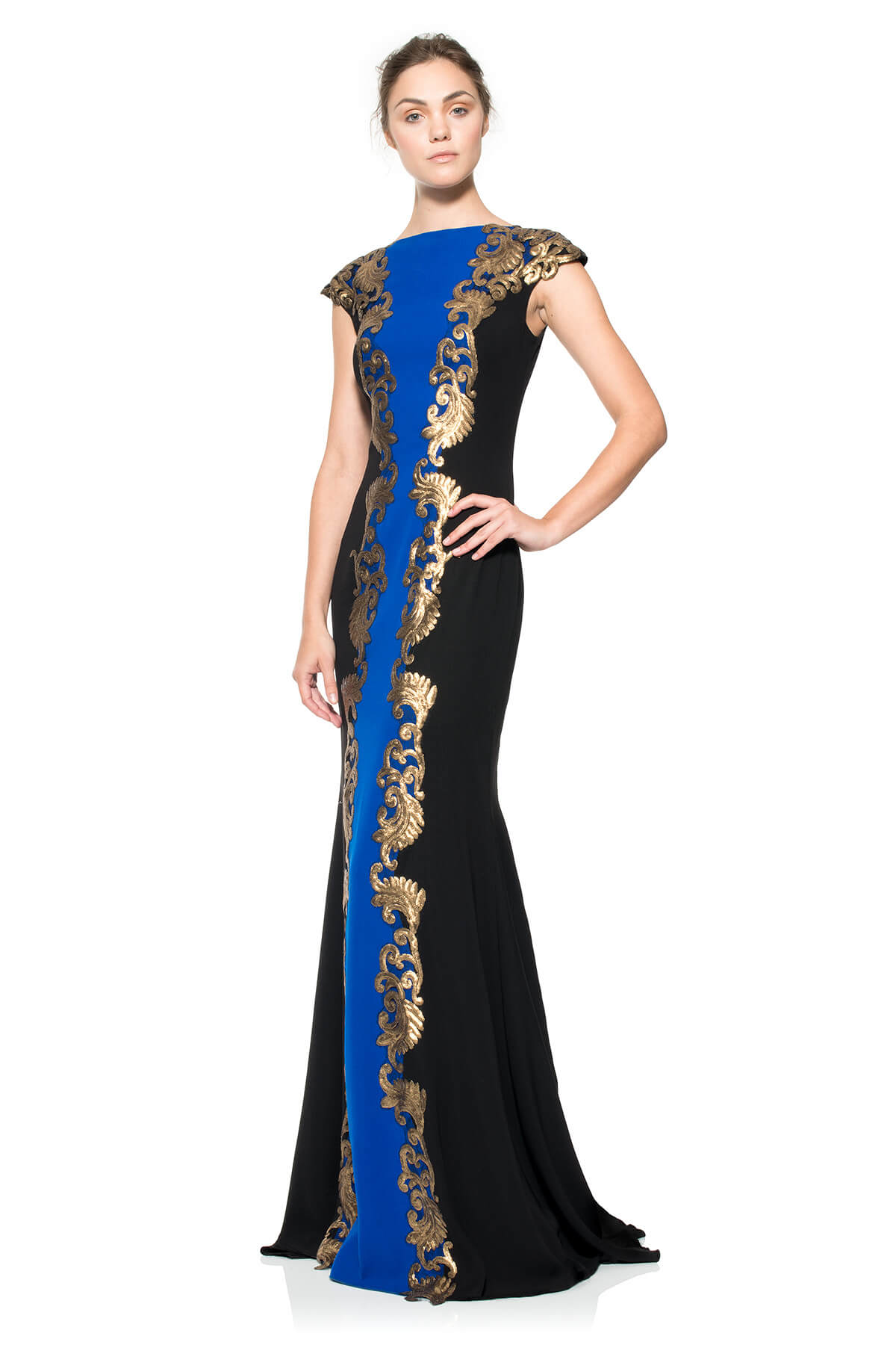 Tadashi Shoji - Crepe Boatneck Gown with Metallic Paillette Detail