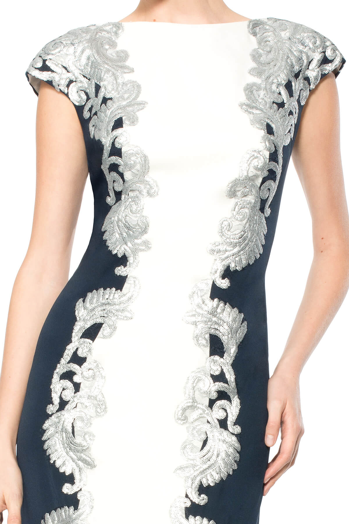 Crepe Boatneck Gown with Metallic Paillette Detail