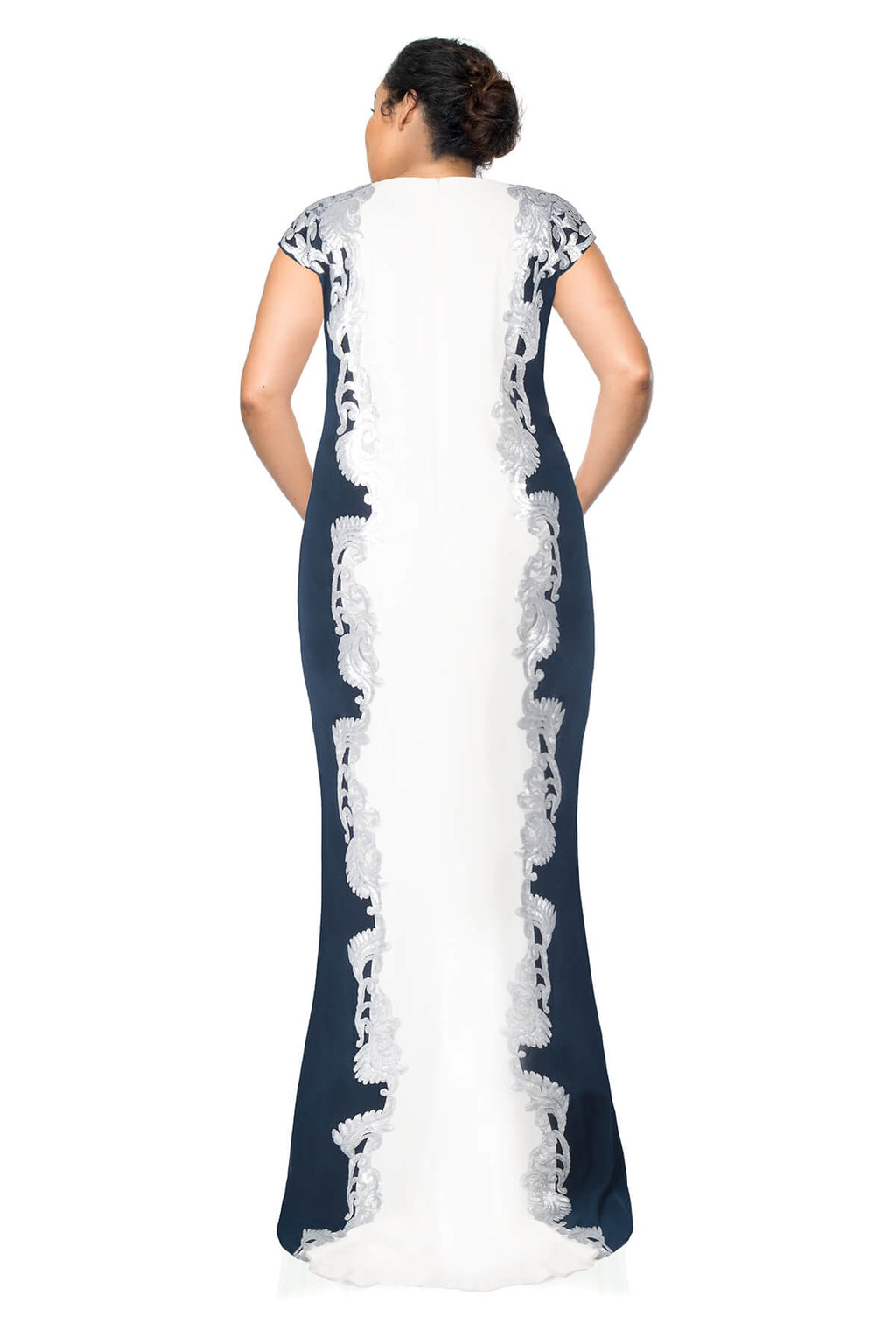 Crepe Boatneck Gown with Metallic Paillette Detail - PLUS SIZE
