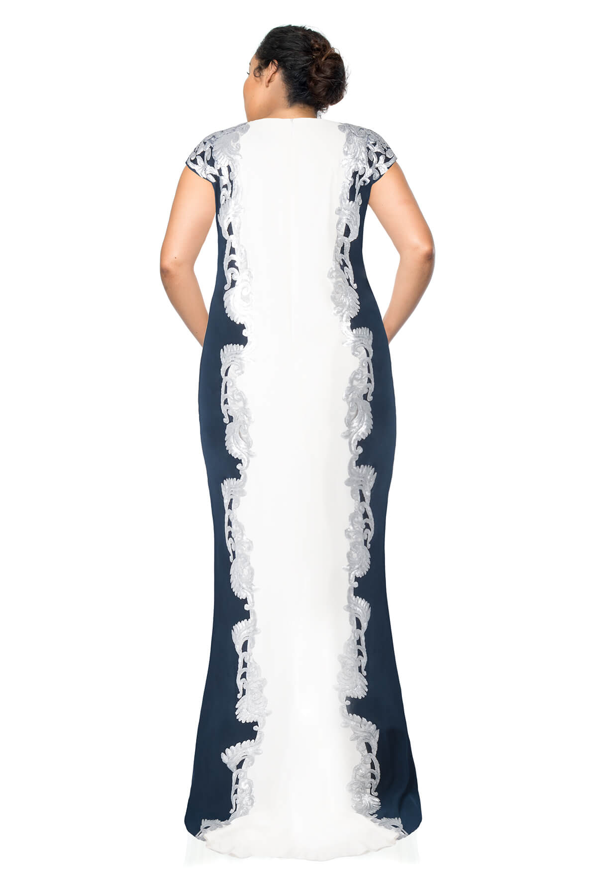 Crepe Boatneck Gown with Metallic Paillette Detail - PLUS SIZE