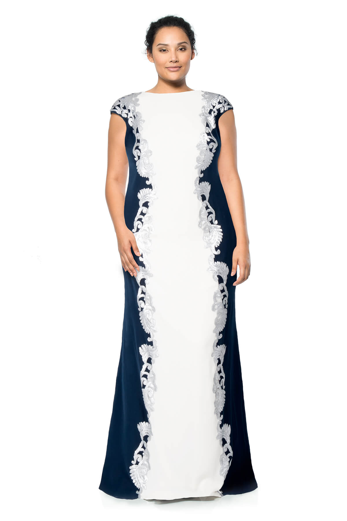 Crepe Boatneck Gown with Metallic Paillette Detail - PLUS SIZE