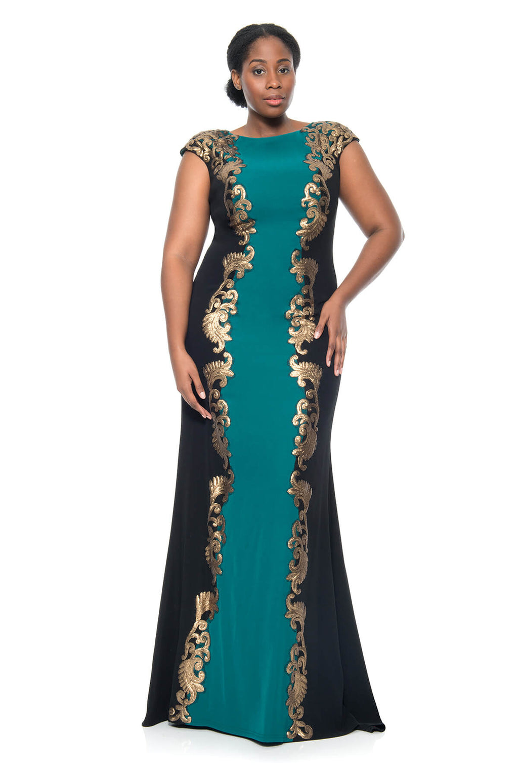 Tadashi Shoji Plus Size - Crepe Boatneck Gown with Metallic Paillette Detail