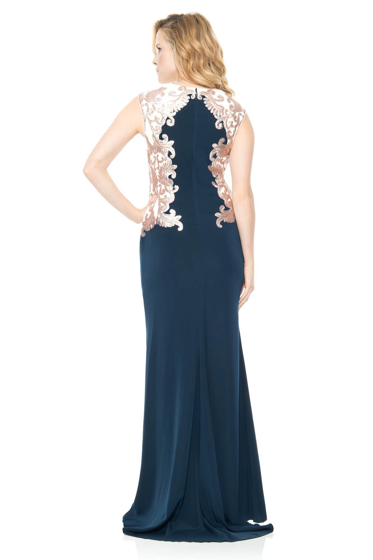 Crepe Boatneck Gown with Metallic Paillette Detail