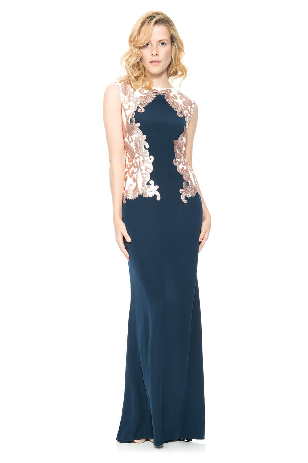 Crepe Boatneck Gown with Metallic Paillette Detail