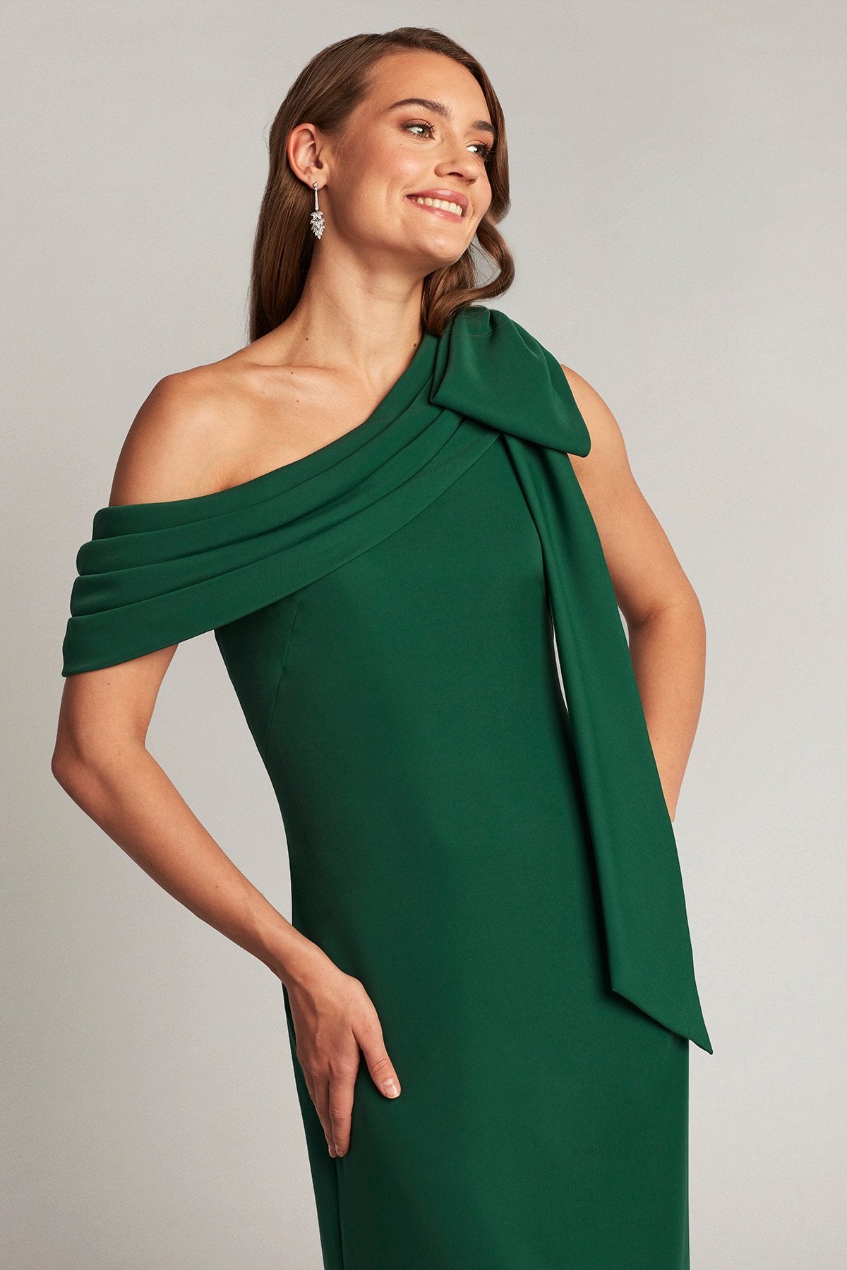 Cassia Bow-Shoulder Crepe Gown