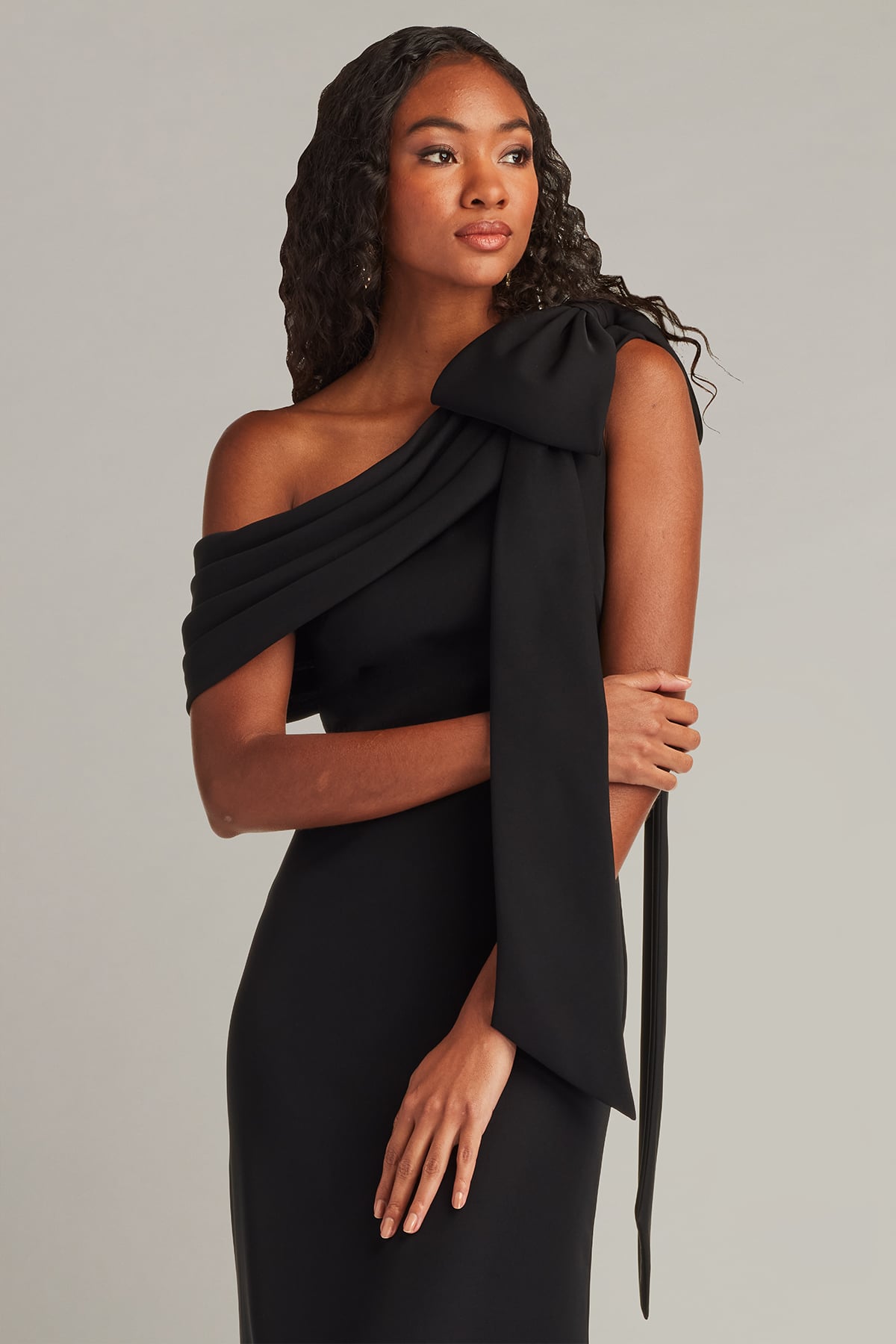 Cassia Bow-Shoulder Crepe Gown