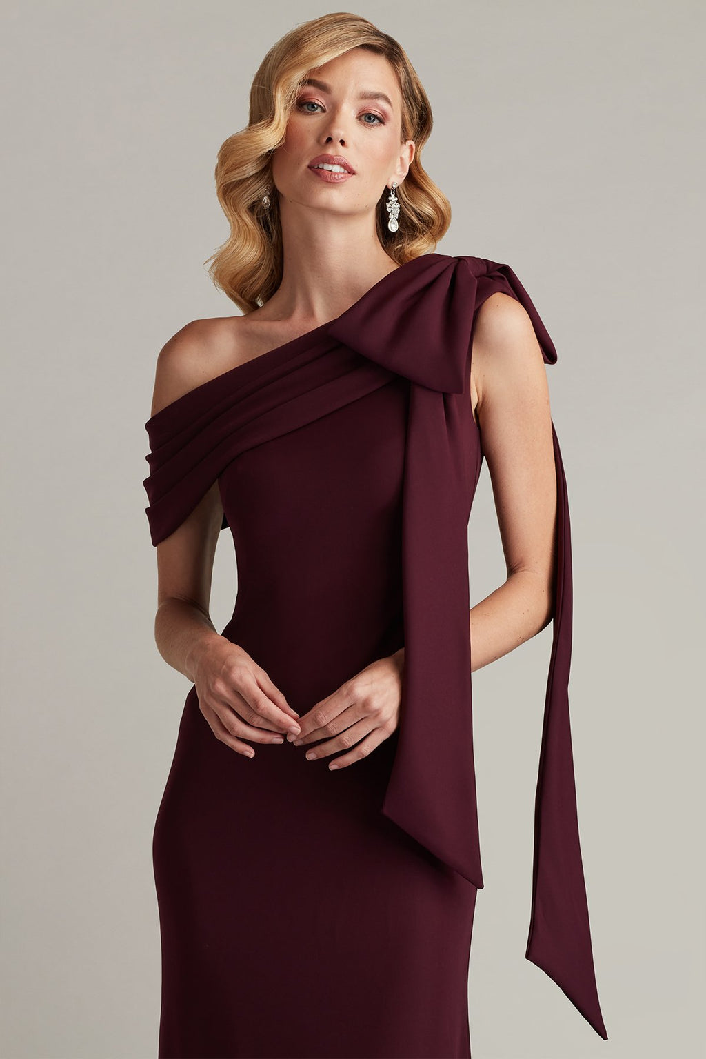 Cassia Bow-Shoulder Crepe Gown