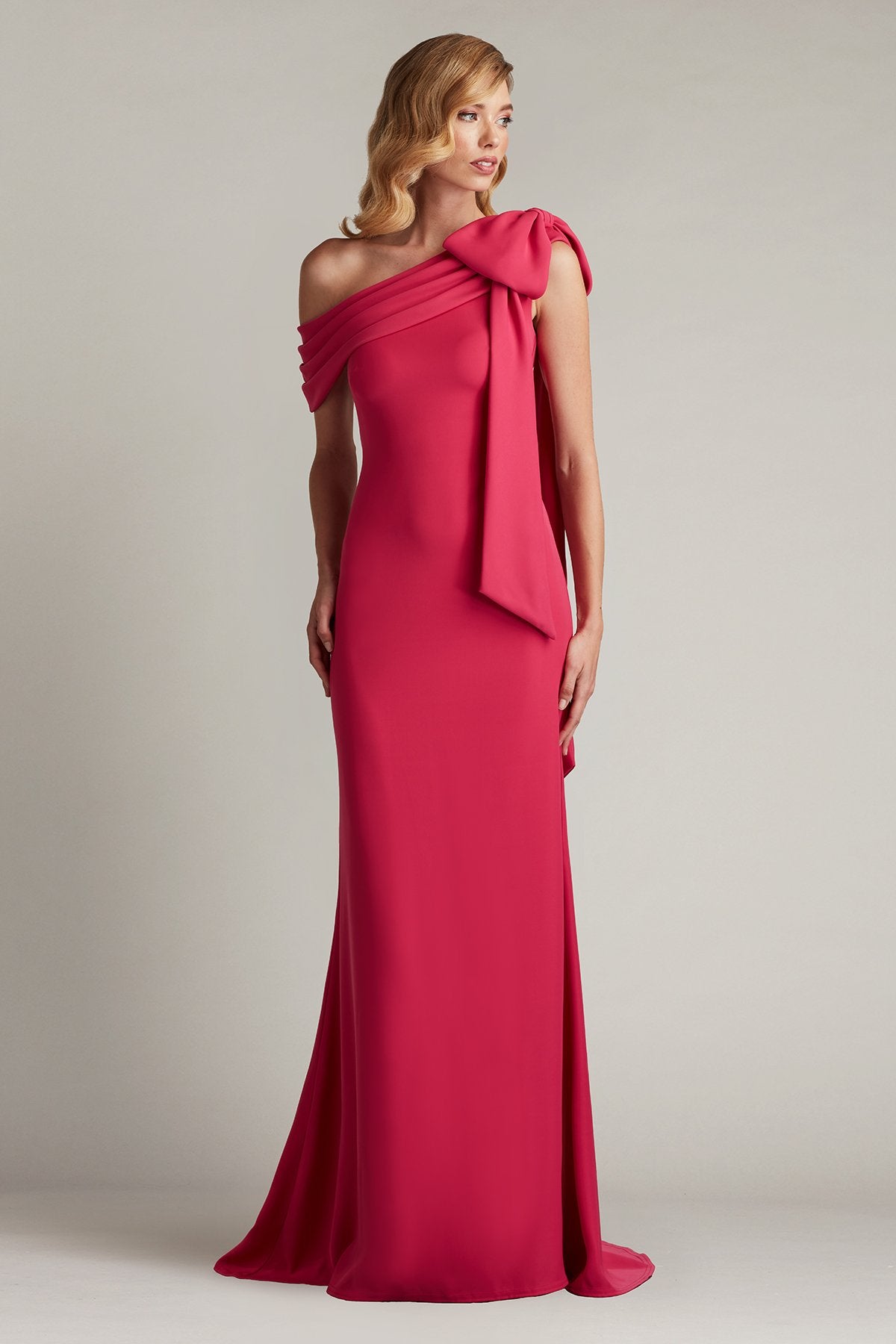 Cassia Bow-Shoulder Crepe Gown