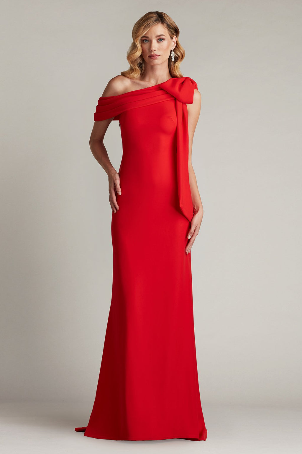 open lace back dress Red Crepe One Shoulder Bow Gown