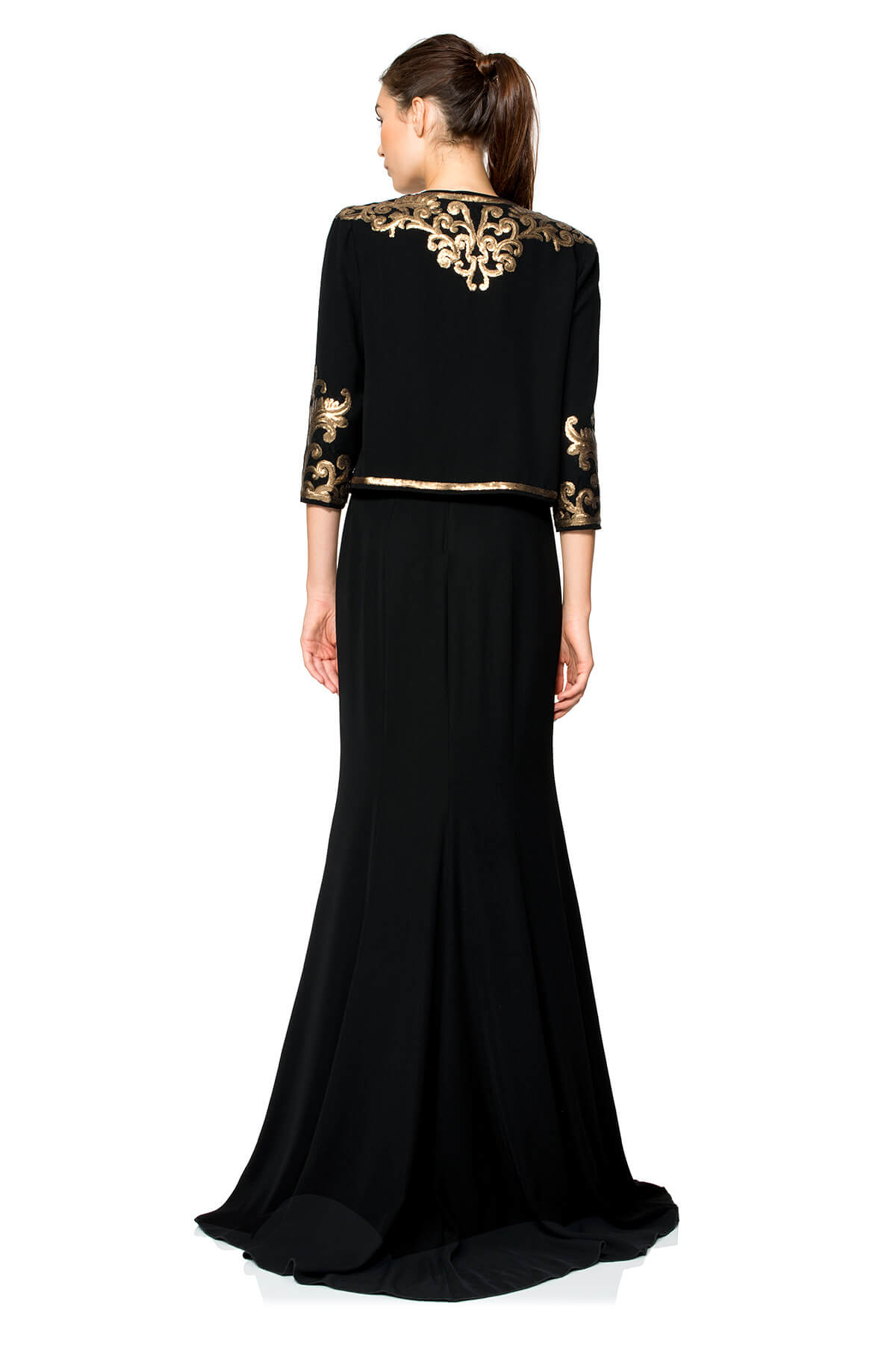 Metallic Paillette Embellished Crepe Jacket and Strapless Gown