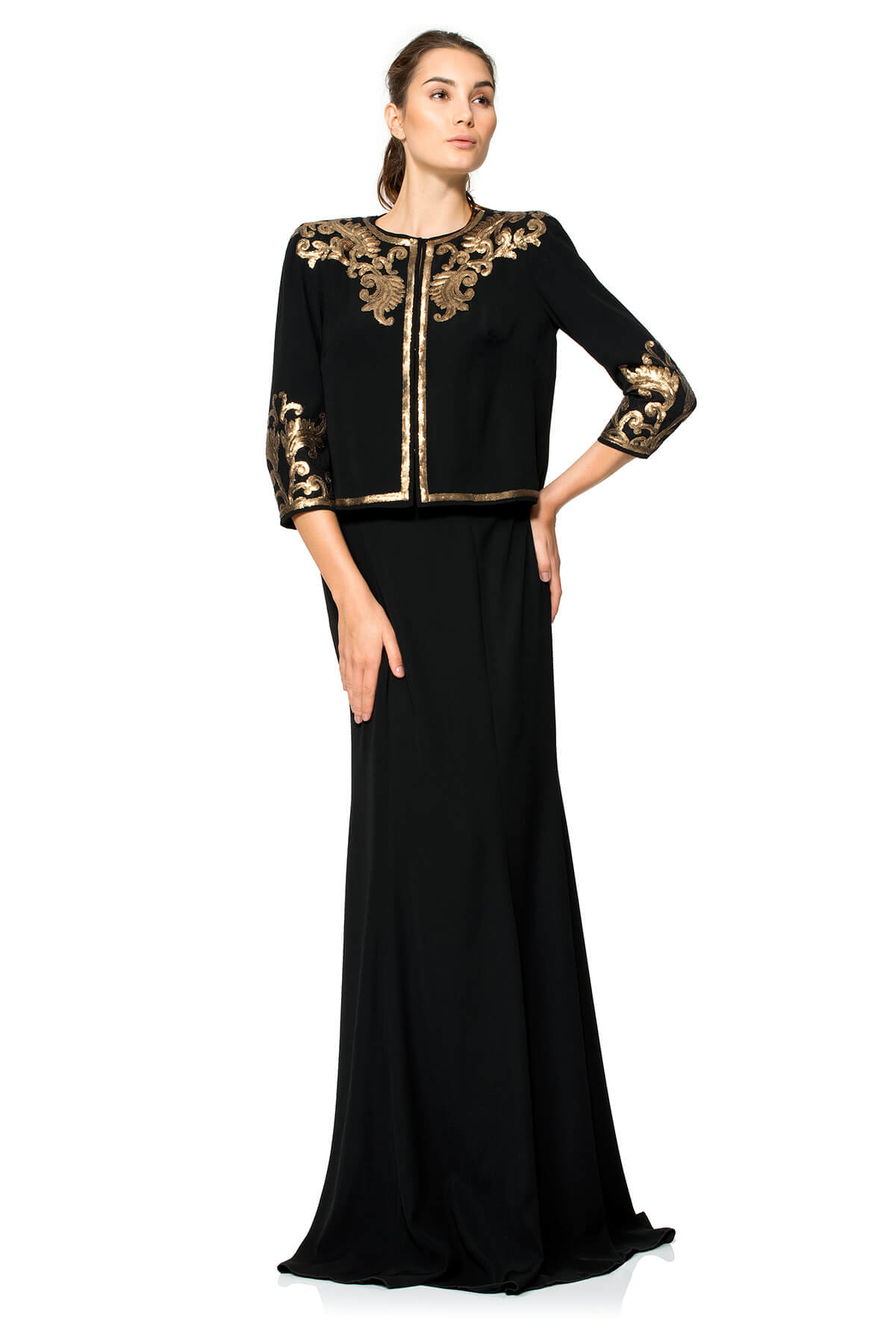 Metallic Paillette Embellished Crepe Jacket and Strapless Gown