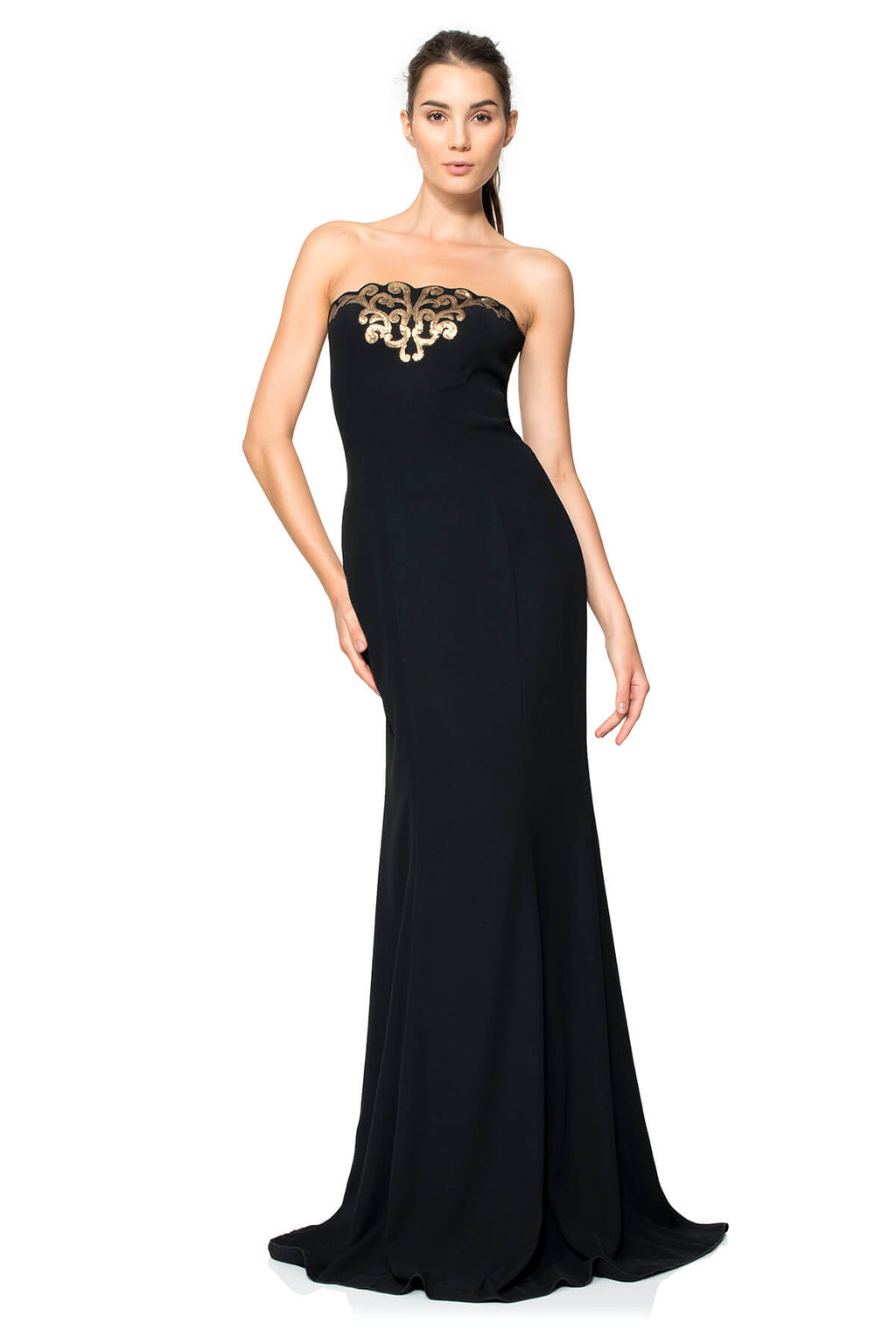 Metallic Paillette Embellished Crepe Jacket and Strapless Gown