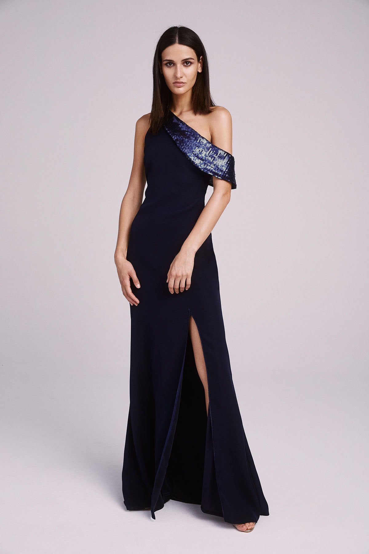 Ozzy Sequin Draped Shoulder Gown