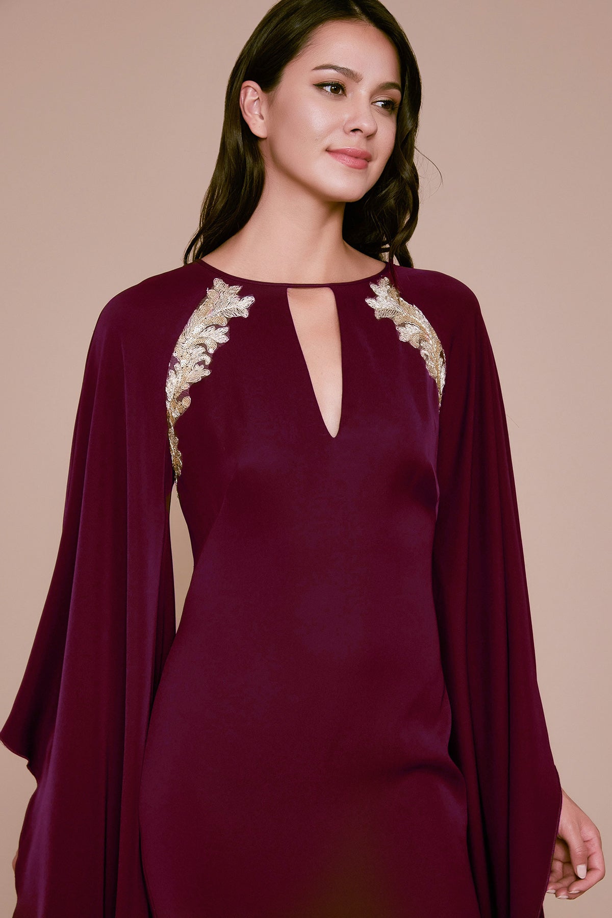 Tadashi Shoji - Nox Cape-Sleeves Crepe Gown