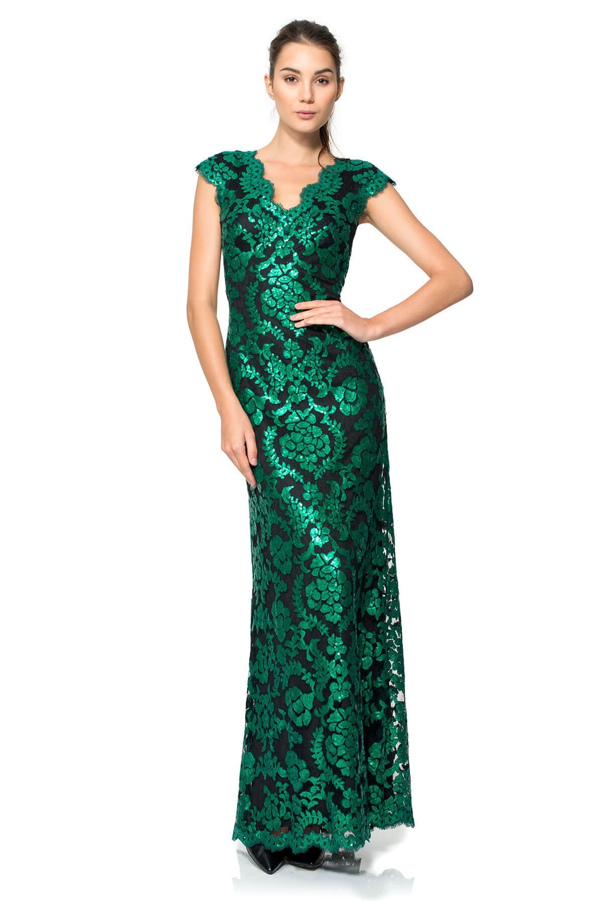 Paillette Embroidered Lace Scalloped V-Neck Gown